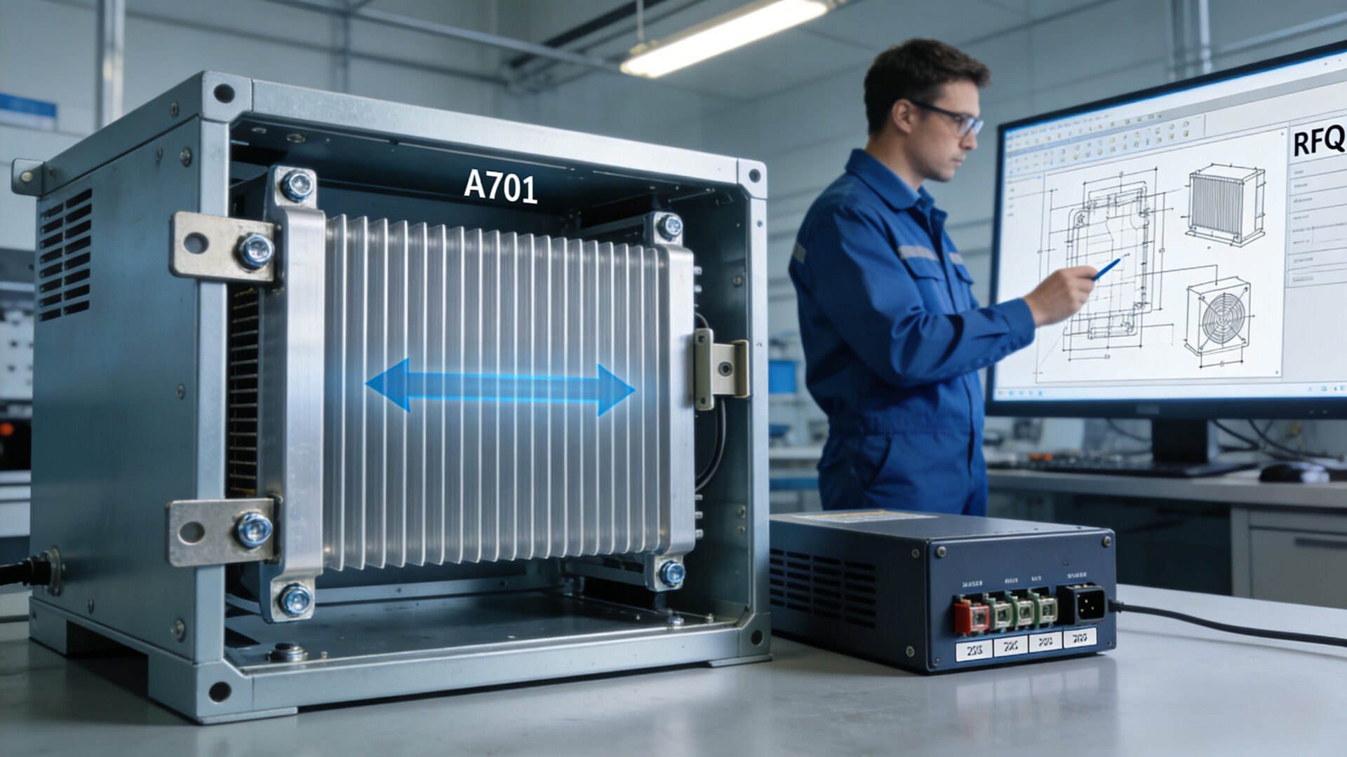 3D engineering scene showing the A701 aluminum profile heat sink integrated into a power electronics assembly with airflow arrows, mounting points, and procurement review notes.
Technische 3D-Szene mit A701 Aluminiumprofil-Kühlkörper in einem Leistungselektronik-Aufbau, Luftstrompfeilen, Befestigungspunkten und RFQ-Prüfung durch Engineering und Einkauf.