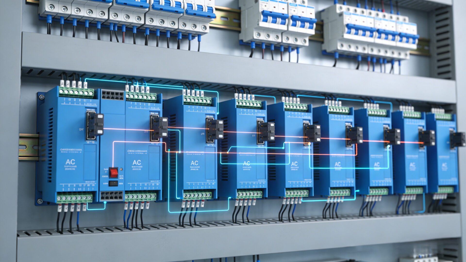 Industrial control cabinet startup scene showing a DIN-rail AC inrush current limiter protecting multiple power supplies and an upstream circuit breaker.
Industrieller Schaltschrank mit DIN-Schienen-AC-Einschaltstrombegrenzer vor mehreren Netzteilen und vorgeschaltetem Leitungsschutzschalter.