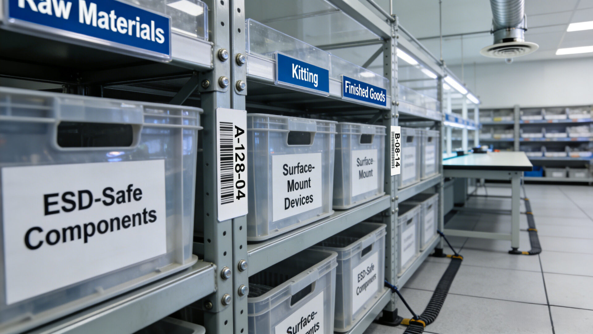 ESD-safe electronics warehouse with labeled bins and barcode locations, separated zones for raw materials, kitting, and finished goods inventory management.
ESD-sicheres Elektroniklager mit beschrifteten Behältern, Barcode-Locations und getrennten Zonen für Rohmaterial, Kitting und Fertigwarenbestandsmanagement.