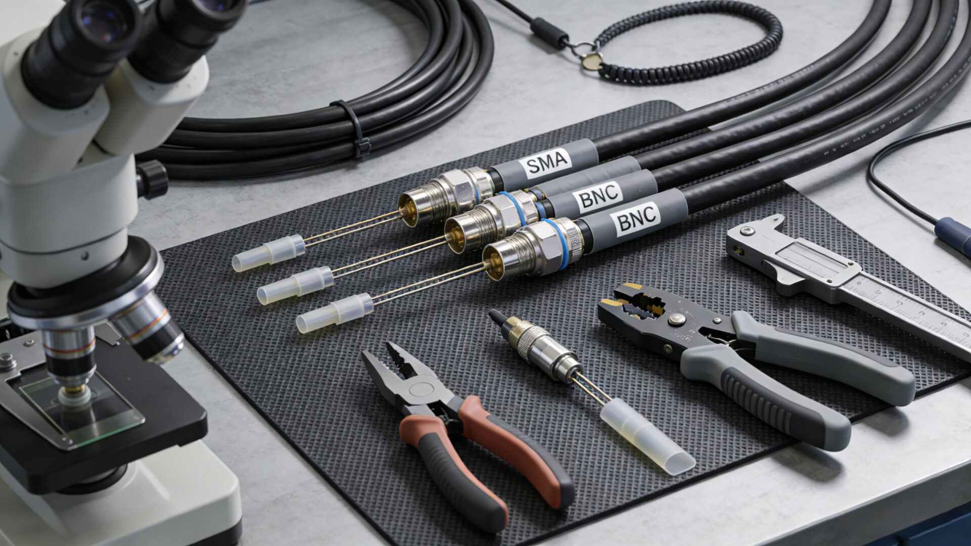 RF coax cable assembly with SMA and BNC connectors on an ESD-safe bench, showing proper stripping, shielding, and strain relief.
RF/Koax Kabelkonfektion mit SMA- und BNC-Steckern auf ESD-sicherem Arbeitsplatz, mit korrekter Schirmung und Zugentlastung.