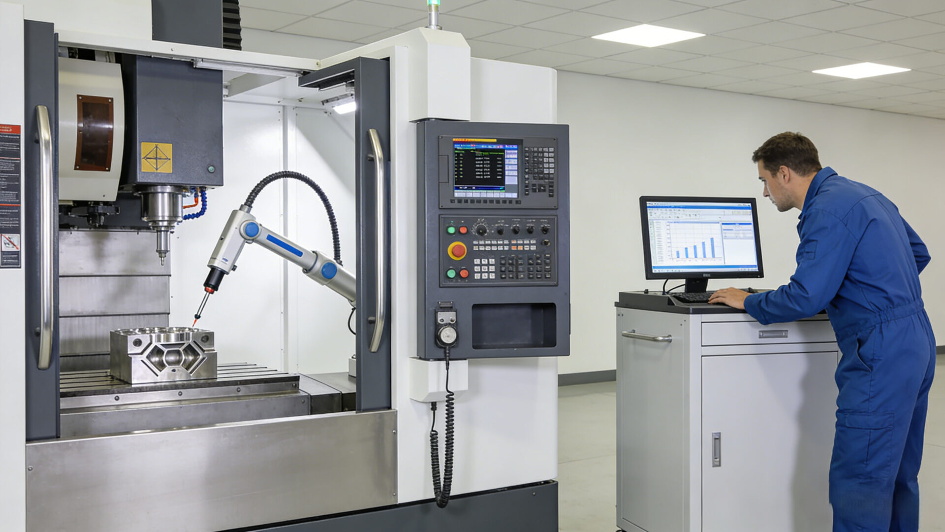 CNC milling center with probing and a CMM inspection bench creating documented measurement reports for milled components.
CNC-Fräszentrum mit Antasten und KMG-Prüfplatz, der Messberichte für CNC-gefräste Komponenten erstellt.