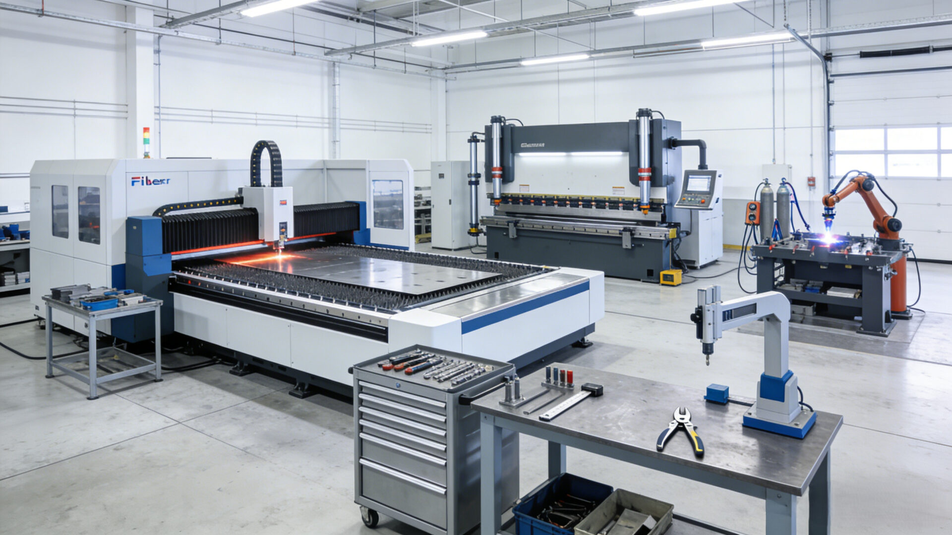 Shop floor view showing fiber laser cutting, press brake forming, welding fixtures, and inspection tools for EMS sheet metal parts.
Fertigungshalle mit Faserlaserschneiden, CNC-Abkanten, Schweißvorrichtungen und Qualitätsmessplatz für Blechbaugruppen.