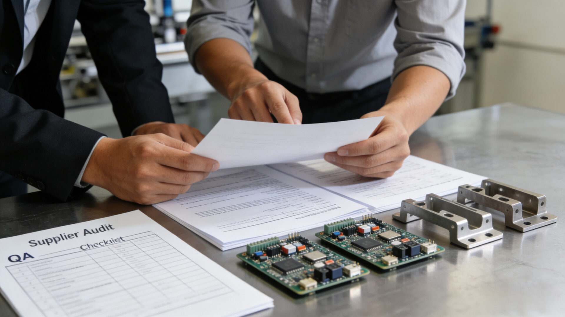 Supplier audit scene for electronics manufacturing showing QA checklist, sample parts, and compliance documents.
Lieferantenaudit für Elektronikfertigung mit QA-Checkliste, Musterteilen und Compliance-Dokumenten.