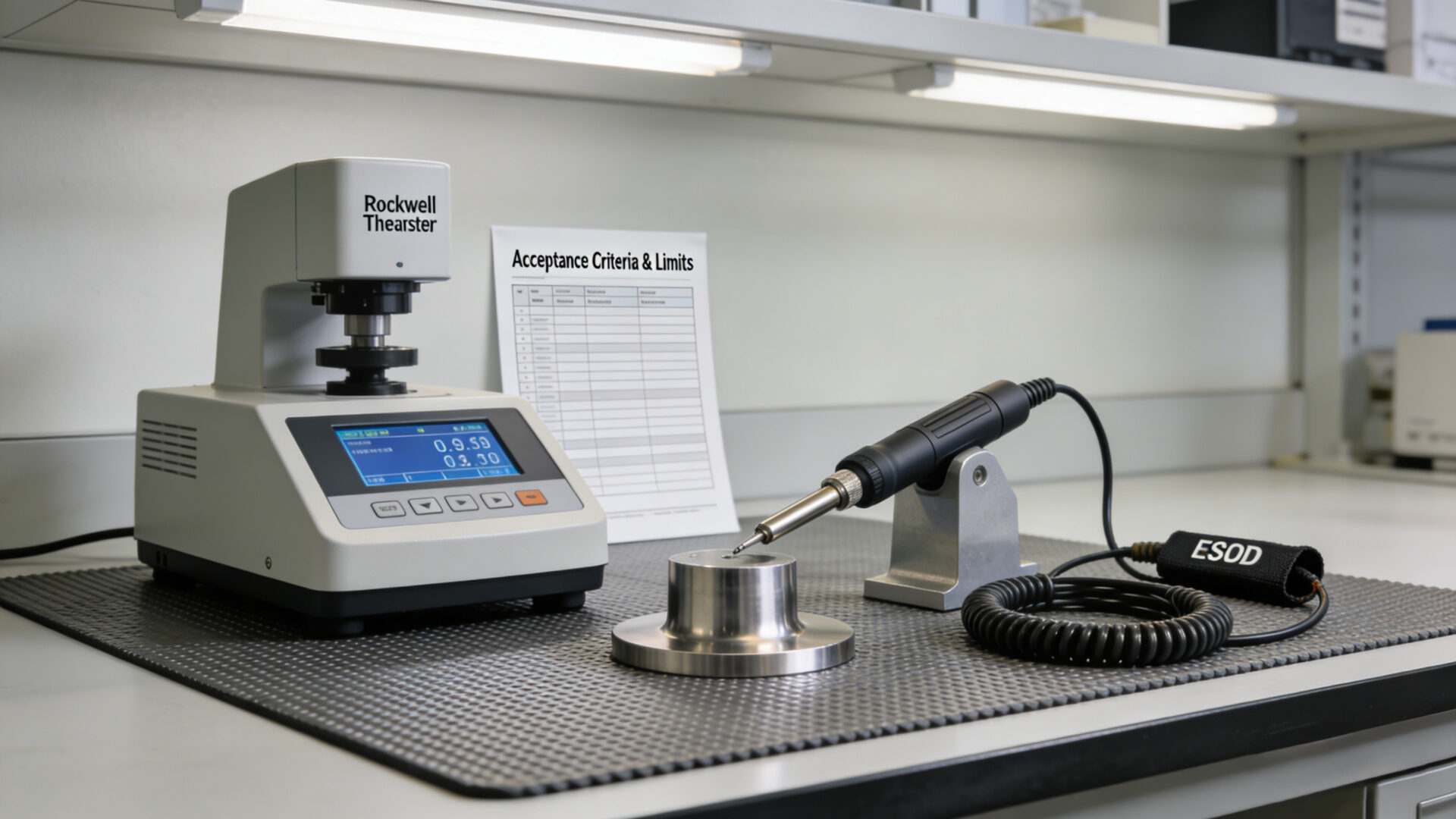 QA/QC evidence pack concept: hardness test, nondestructive testing, ESD test setup, and audit-ready documentation checklist on a desk.
Darstellung eines QA/QC-Nachweispakets: Härteprüfung, NDT-Prüfsonde, ESD-Arbeitsplatz und Checkliste mit Akzeptanzkriterien.