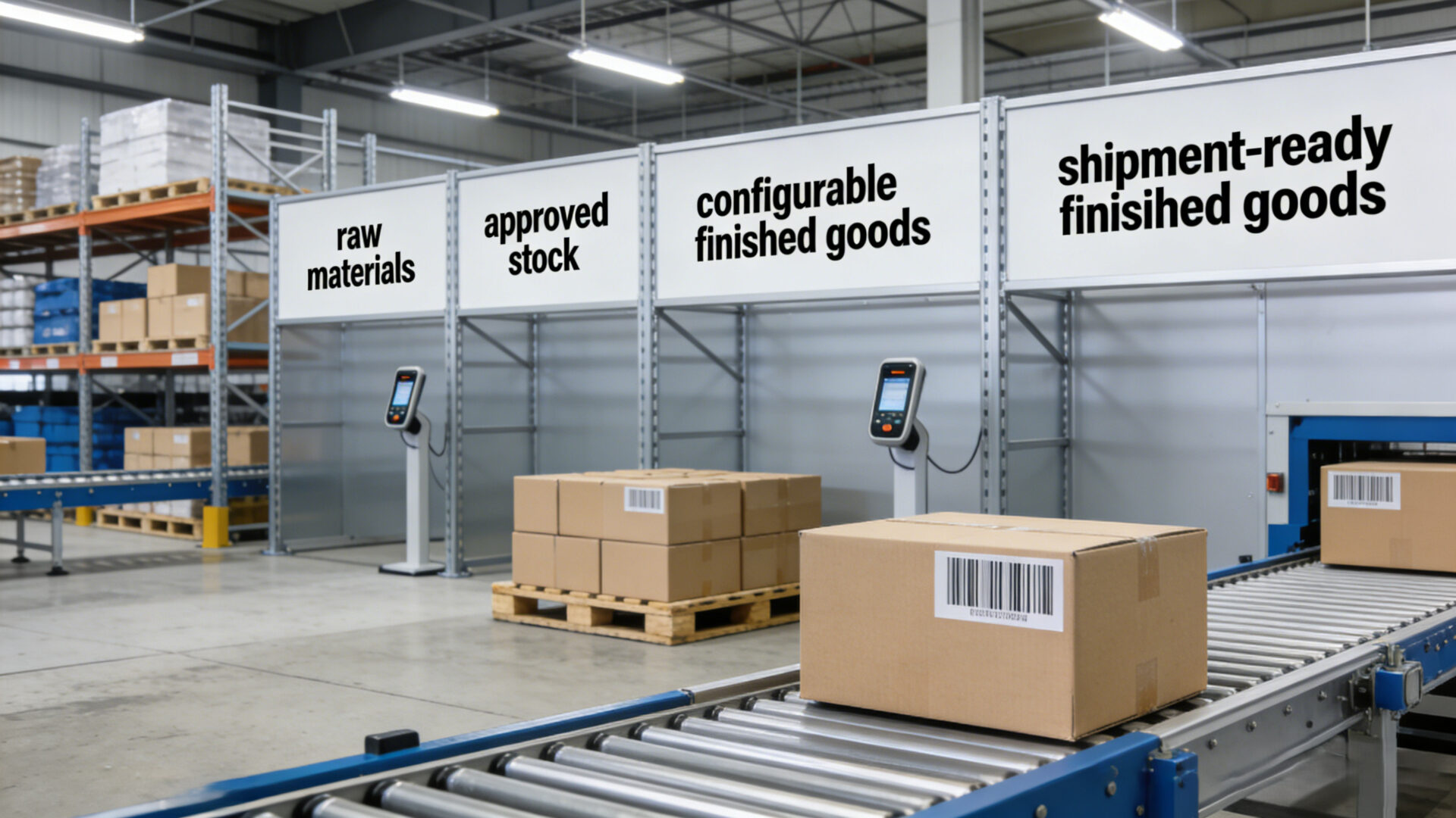 Warehouse layout for raw materials, approved stock, configurable finished goods, and shipment-ready electronics for staged deliveries.
Lagerzonen für Rohmaterial, geprüften Bestand, konfigurierbare Fertigwaren und versandbereite Elektronik bei Etappenlieferungen,