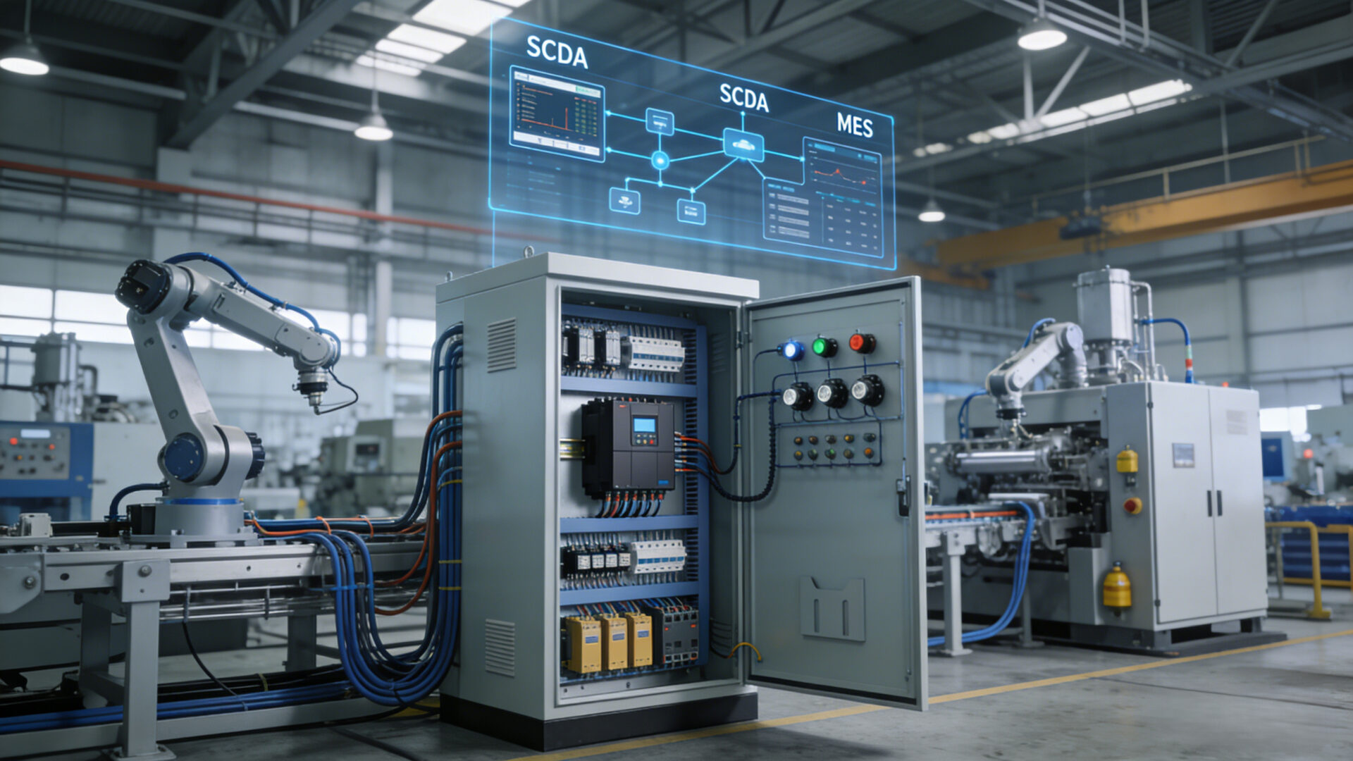 Industrial automation architecture showing field devices, PLC control layer, SCADA or MES layer, and plant operations integration.
Architektur industrieller Automatisierung mit Feldgeraeten, PLC-Steuerungsebene, SCADA oder MES und uebergeordneter Betriebsintegration.