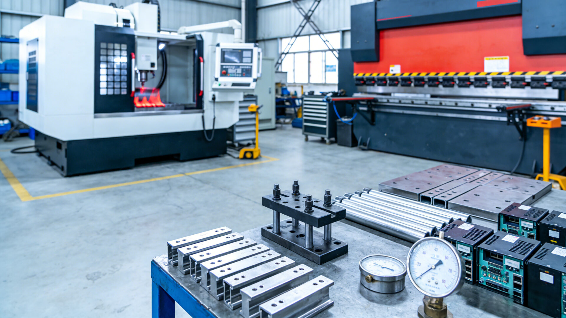 Factory scene showing laser cutting, press brake bending, CNC tube bending, welding fixtures and inspected metal parts for electronics enclosures.
Fertigungsszene mit Laserschneiden, Abkantpresse, CNC-Rohrbiegen, Schweißvorrichtungen und geprüften Metallteilen für Elektronikgehäuse.