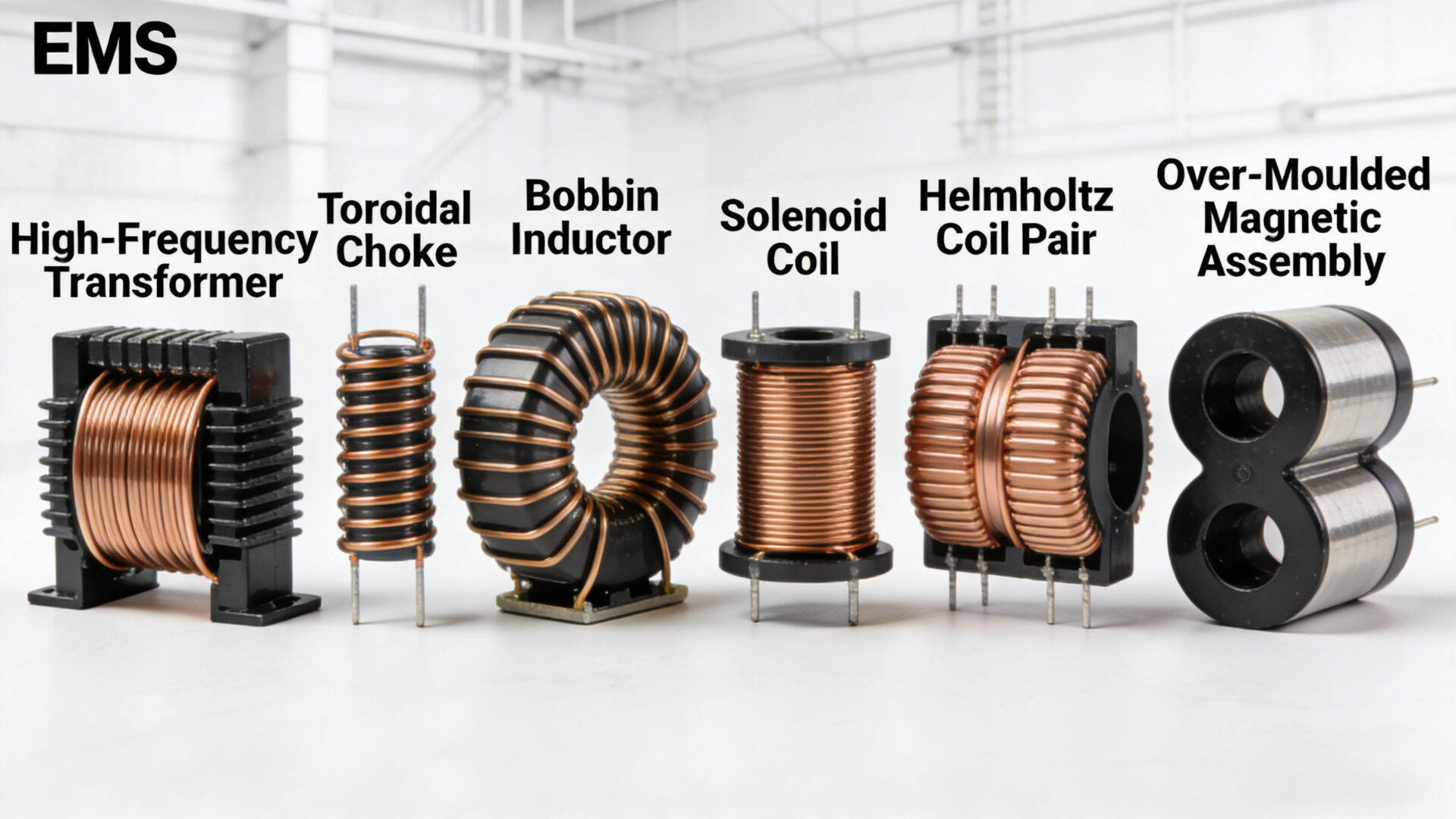 roduct family image showing transformer, toroidal choke, inductor, solenoid, coaxial coil, and Helmholtz coil as EMS winding goods subassemblies.
Produktfamilie von EMS-Wickelgütern mit Transformator, Ringkerndrossel, Induktivität, Solenoid, Koaxialspule und Helmholtz-Spule als montagefertige Baugruppen.