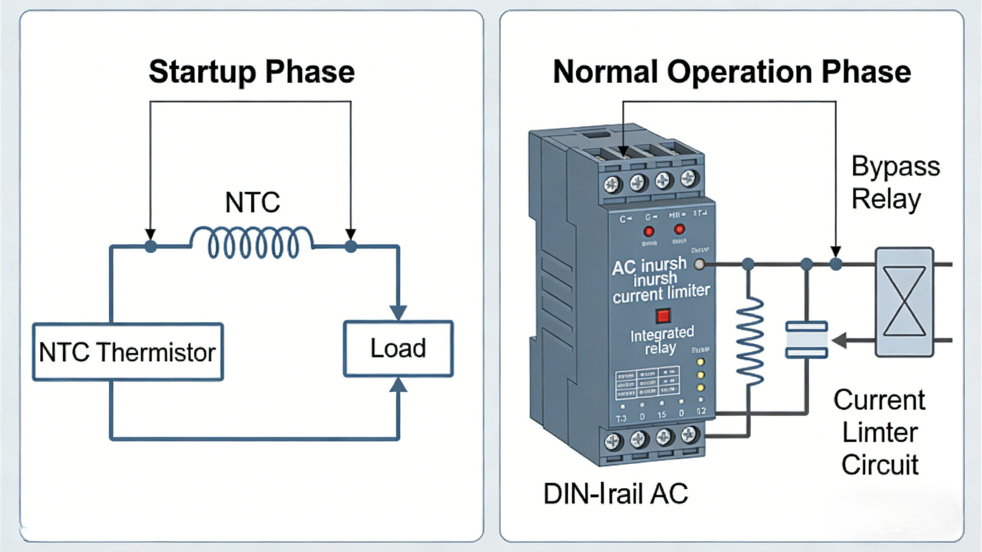 Technical comparison visual between a simple NTC-only inrush limiter and a DIN-rail inrush limiter with integrated bypass relay.
Technischer Vergleich zwischen einfacher NTC-Einschaltstrombegrenzung und DIN-Schienen-Begrenzer mit integriertem Bypass-Relais.