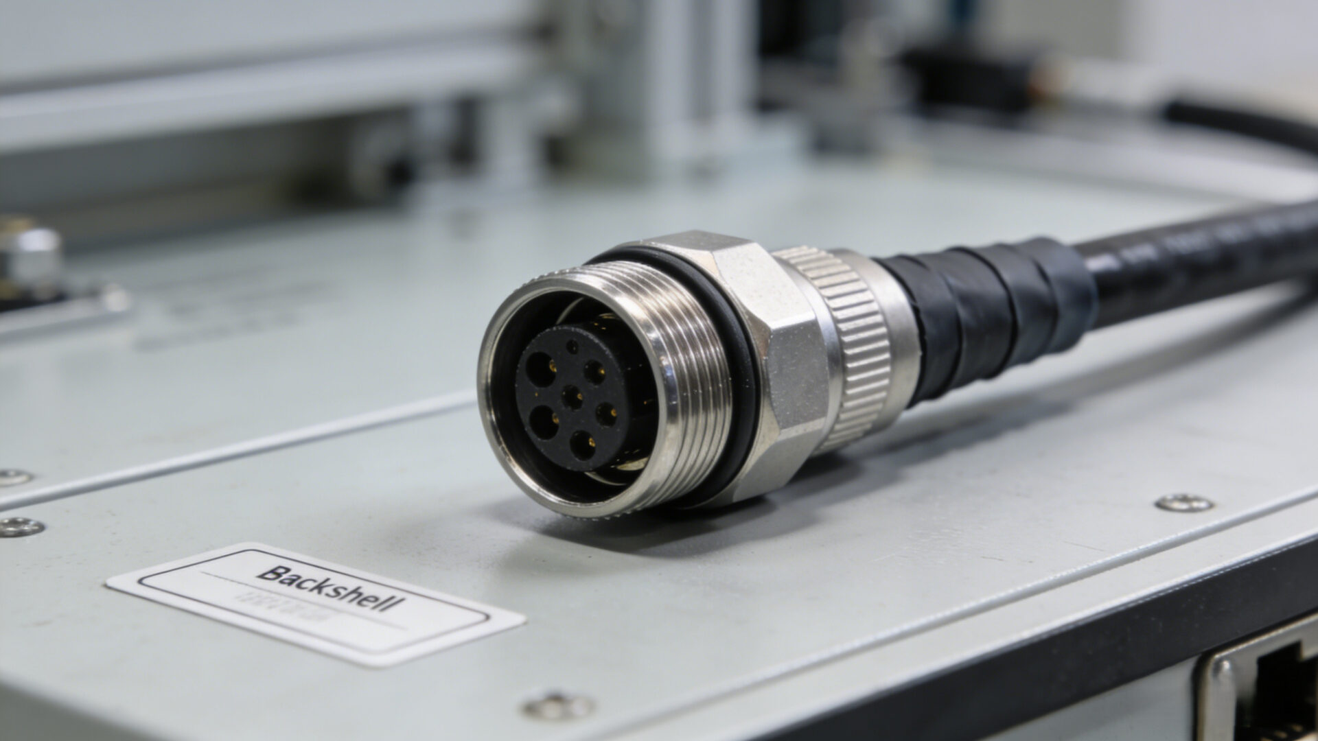 Industrial circular waterproof connector with backshell and strain relief on a cable assembly, illustrating sealing and mechanical protection.
Wasserdichter Rundsteckverbinder mit Backshell und Zugentlastung an einer Kabelbaugruppe, zeigt Dichtung und mechanischen Schutz.