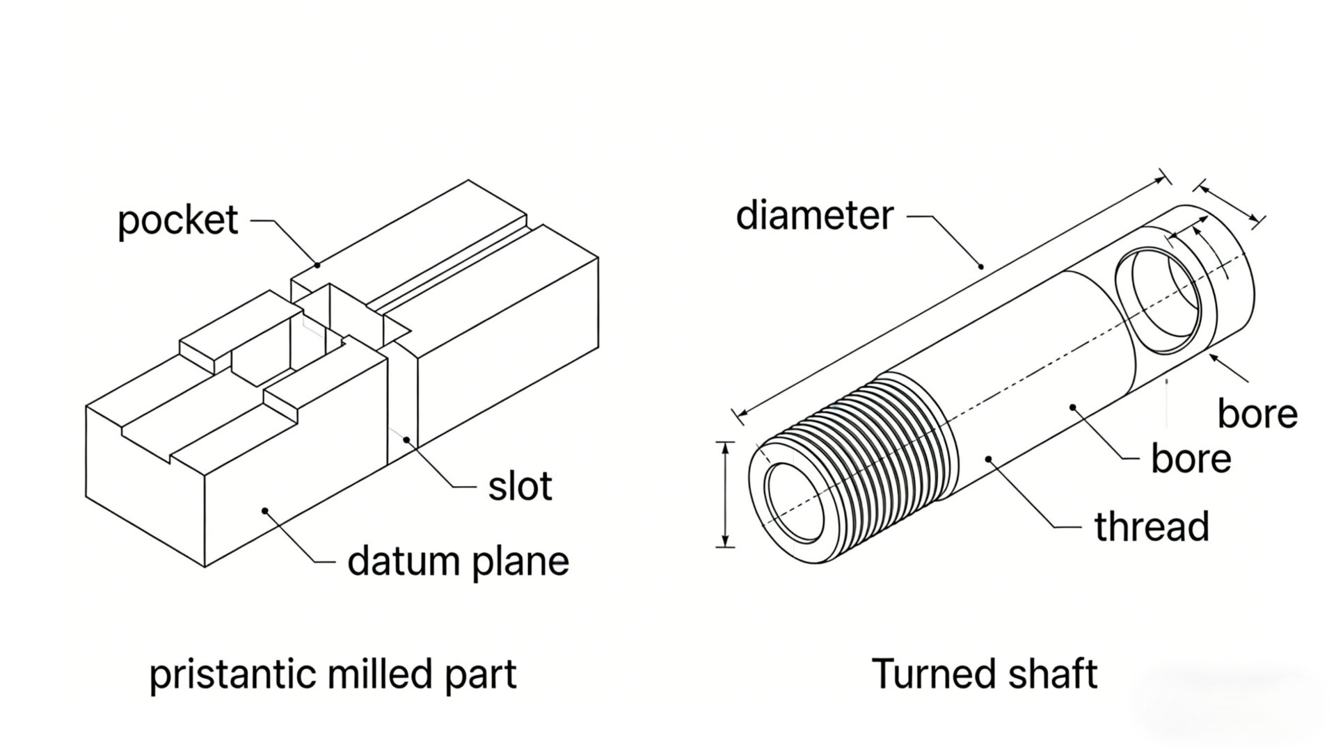 Side-by-side comparison of CNC milling (prismatic part) versus CNC turning (rotational shaft) with typical features and tolerances.
Vergleich: CNC-Fräsen (prismatisches Teil) versus CNC-Drehen (Welle) mit typischen Features und Schnittstellen.