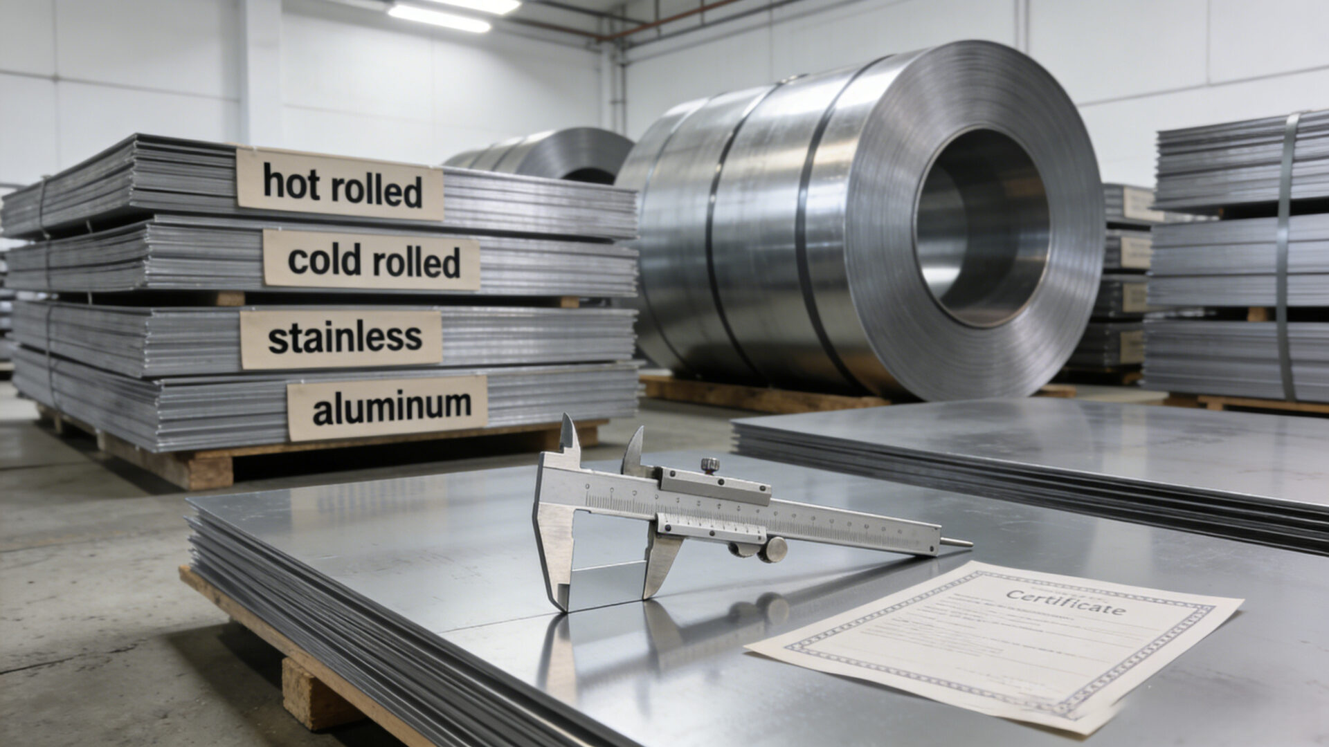 Stack of steel coils and sheets labeled for hot rolled, cold rolled, stainless, and aluminum alloys used in electronics enclosures.
Stahlcoils und Blechtafeln mit Kennzeichnung für warmgewalzt, kaltgewalzt, Edelstahl und Aluminium für Elektronikgehäuse.