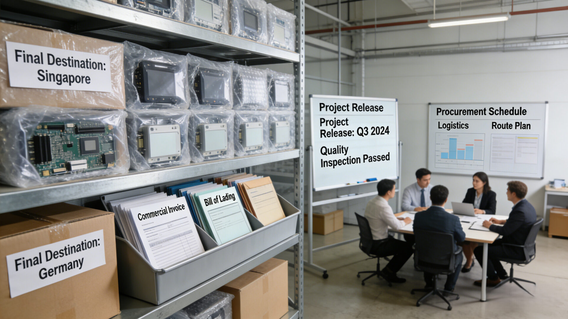 Shipment-ready electronics in protective packaging with destination labels, release documents, and dispatch coordination for international delivery.
Versandbereite Elektronik mit Schutzverpackung, Zielortkennzeichnung und Freigabedokumenten für internationale Auslieferung.