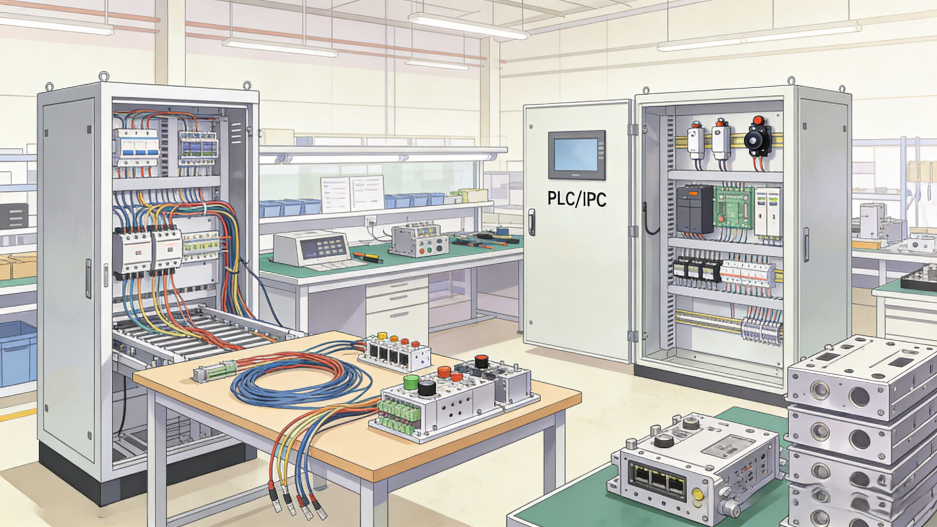 Integrated EMS mechatronics scope with control cabinet assembly, harnesses, electro-mechanical modules, sensors, and precision mechanical parts.
Integrierter EMS-Mechatronik-Umfang mit Schaltschrankbau, Kabelsaetzen, elektromechanischen Modulen, Sensorik und Praezisionsteilen.