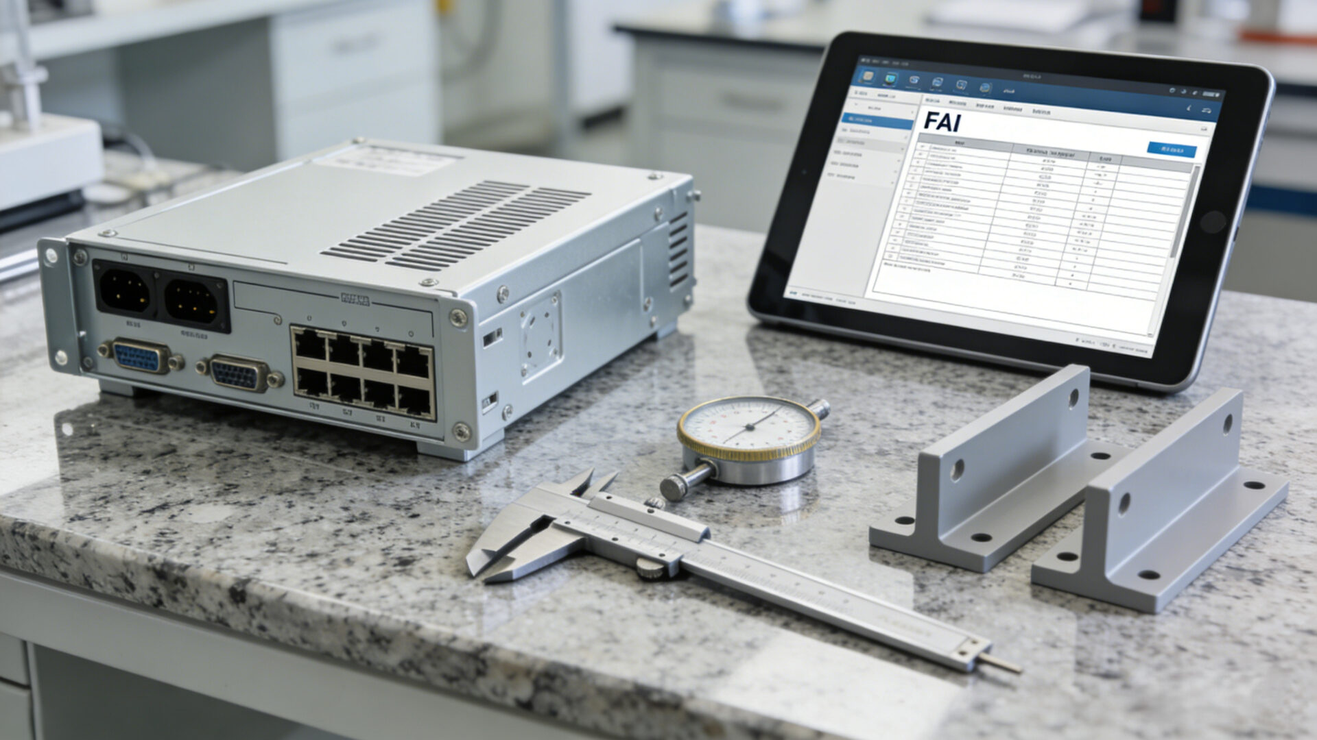 Quality inspection of a powder-coated electronics enclosure with calipers, measurement report and first article inspection checklist.
Qualitätsprüfung eines pulverbeschichteten Elektronikgehäuses mit Messschieber, Prüfbericht und Erstmuster-Checkliste.