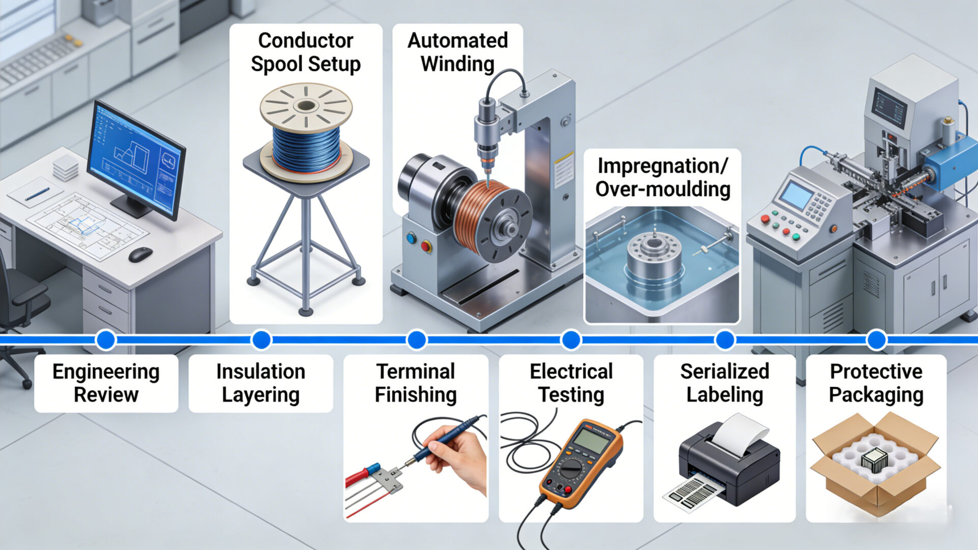 Step-by-step EMS process chain for winding goods including DFM review, conductor setup, winding, insulation layering, over-moulding, test, serialization, and packaging.
Schrittweise EMS-Prozesskette für Wickelgüter mit DFM-Review, Leitersetup, Wickeln, Isolationslagen, Overmoulding, Prüfung, Serialisierung und Schutzverpackung.