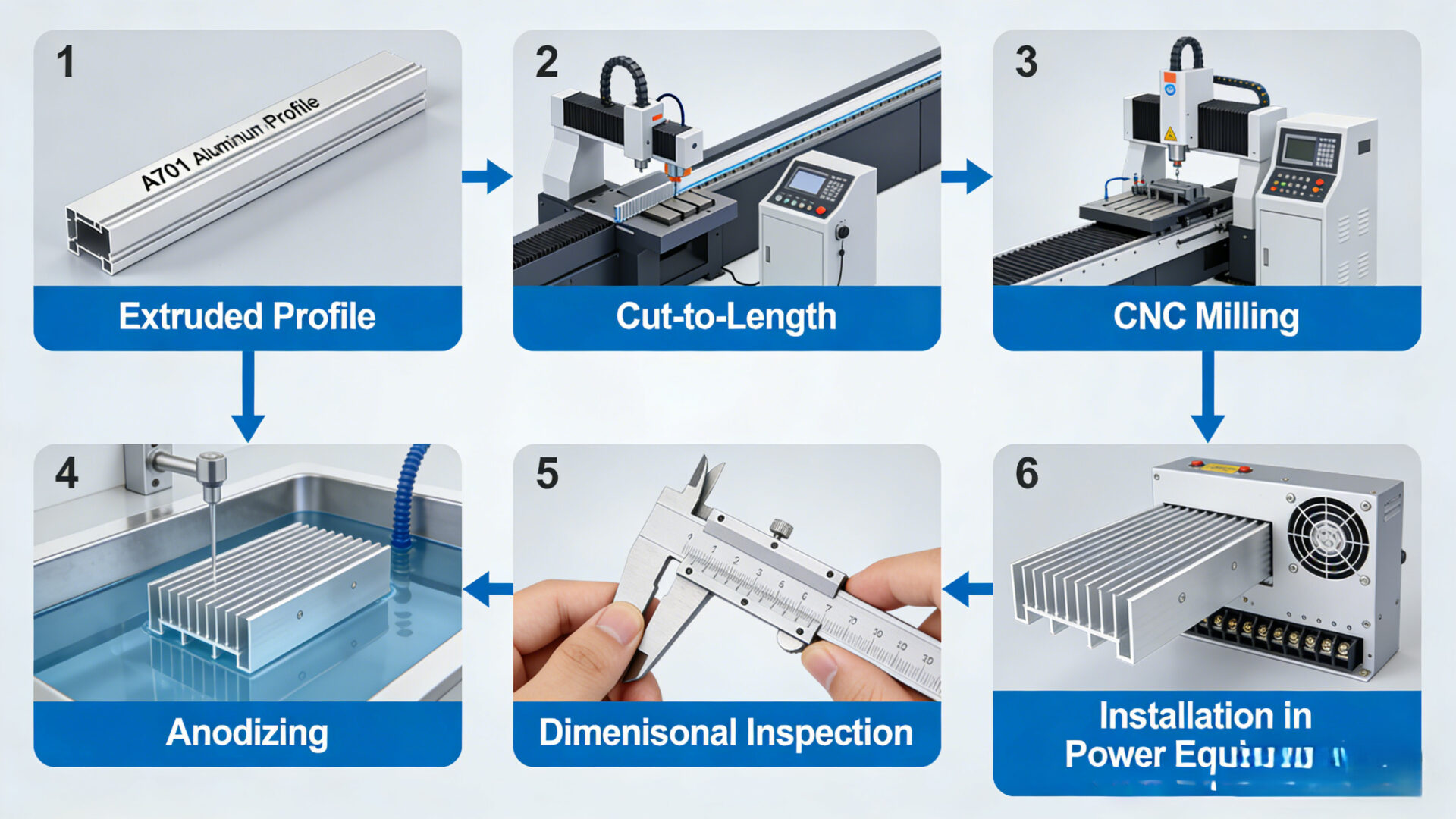 CNC milling workflow for a customized A701 heat sink showing cut-to-length extrusion, machining operations, anodizing sequence, dimensional inspection, and final assembly readiness.
CNC-Workflow für einen kundenspezifischen A701 Kühlkörper mit Profilzuschnitt, Fräsbearbeitung, Anodisierung, Maßprüfung und Montagefreigabe.