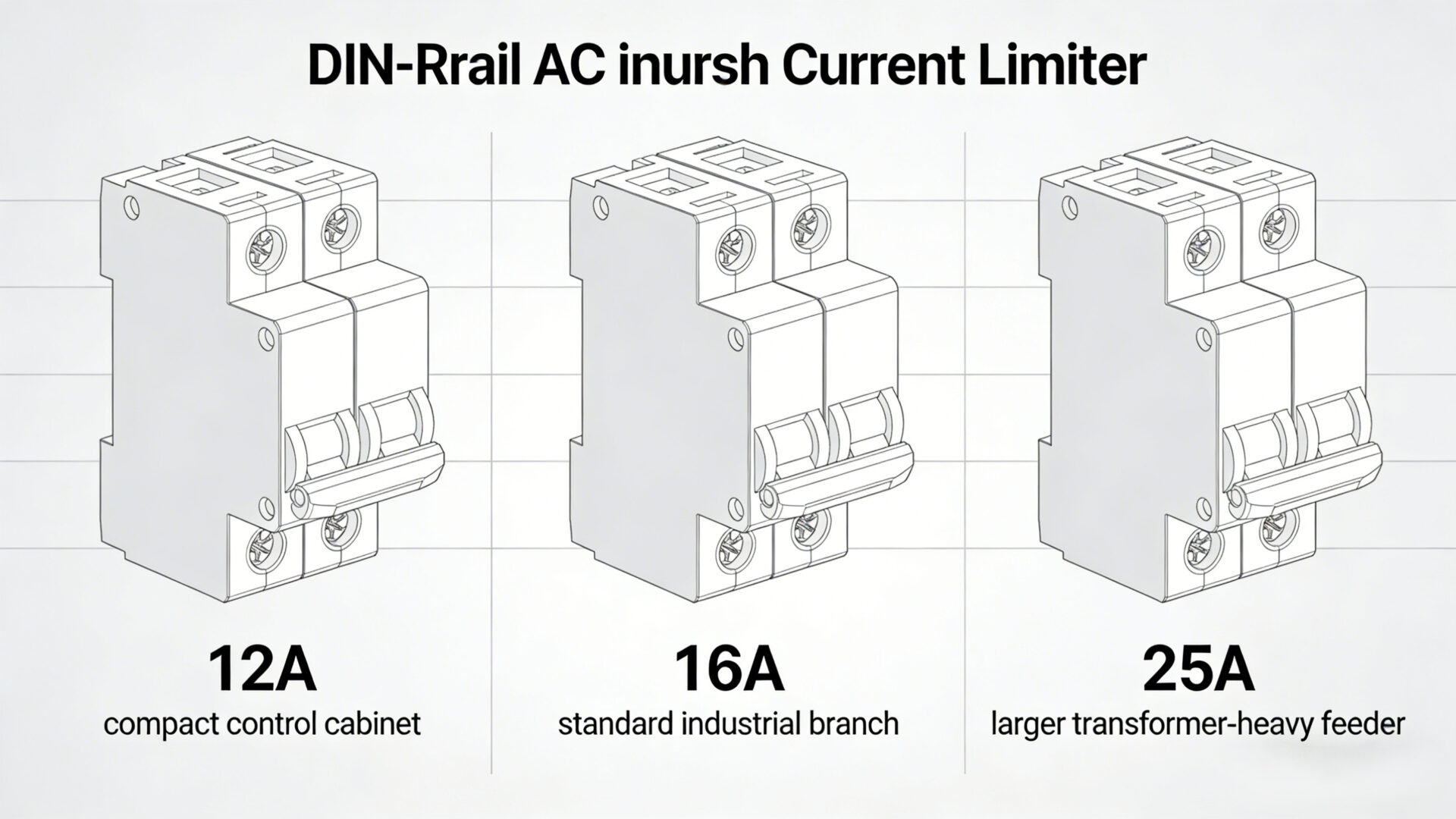Selection graphic comparing 12A, 16A, and 25A DIN-rail AC inrush current limiter models for different cabinet load profiles.
Vergleichsgrafik der DIN-Schienen-AC-Einschaltstrombegrenzer 12A, 16A und 25A für unterschiedliche Schaltschrank-Lastprofile.