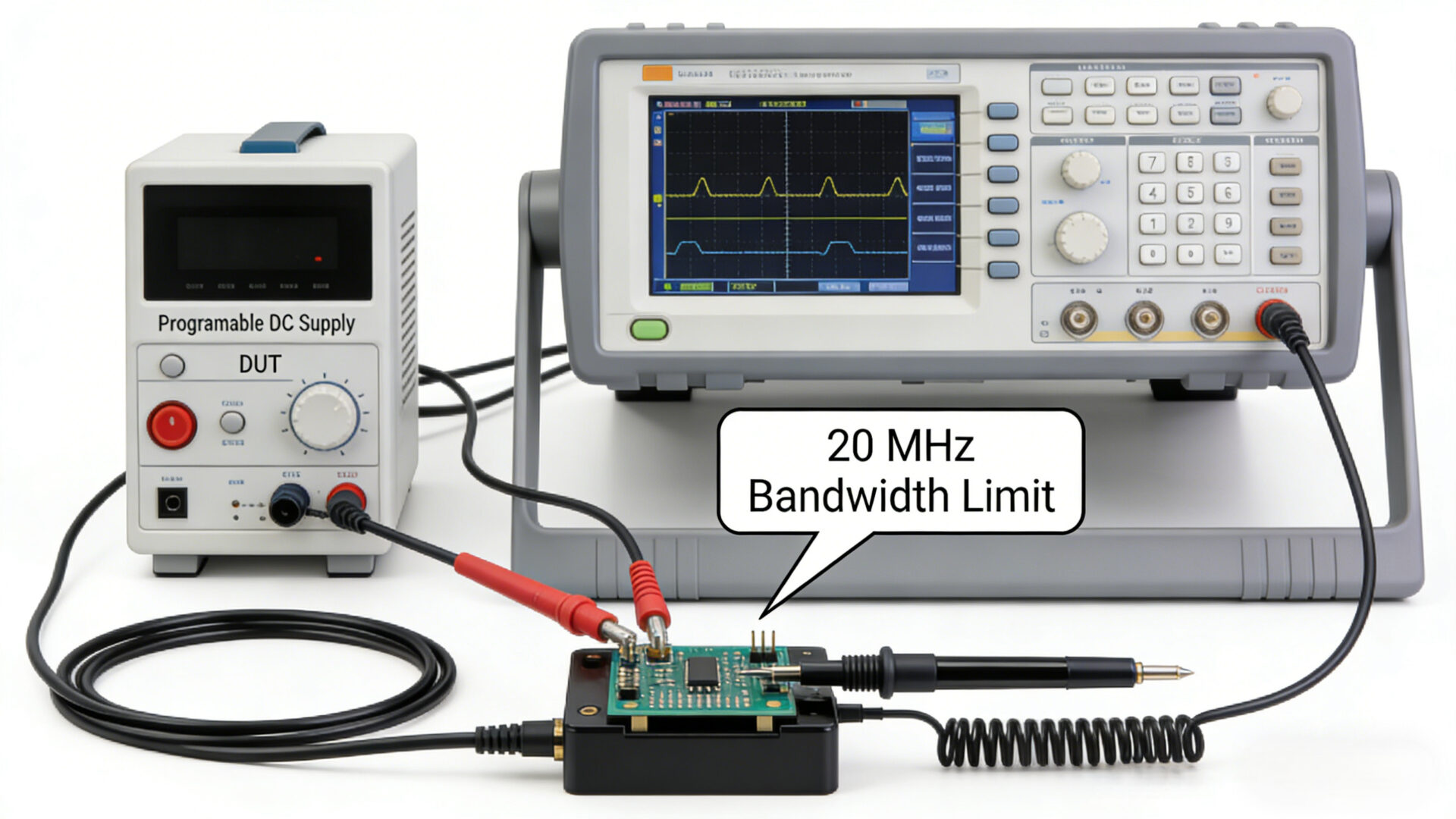 Technical diagram showing recommended ripple measurement setup: short ground spring, bandwidth limit note, test point at DUT terminals, consistent cable routing.
Technisches Diagramm: Ripple-Messaufbau mit Bandbreitenlimit am Oszilloskop, kurzer Massefeder, Messpunkt am DUT-Terminal und sauberem Kabelrouting.