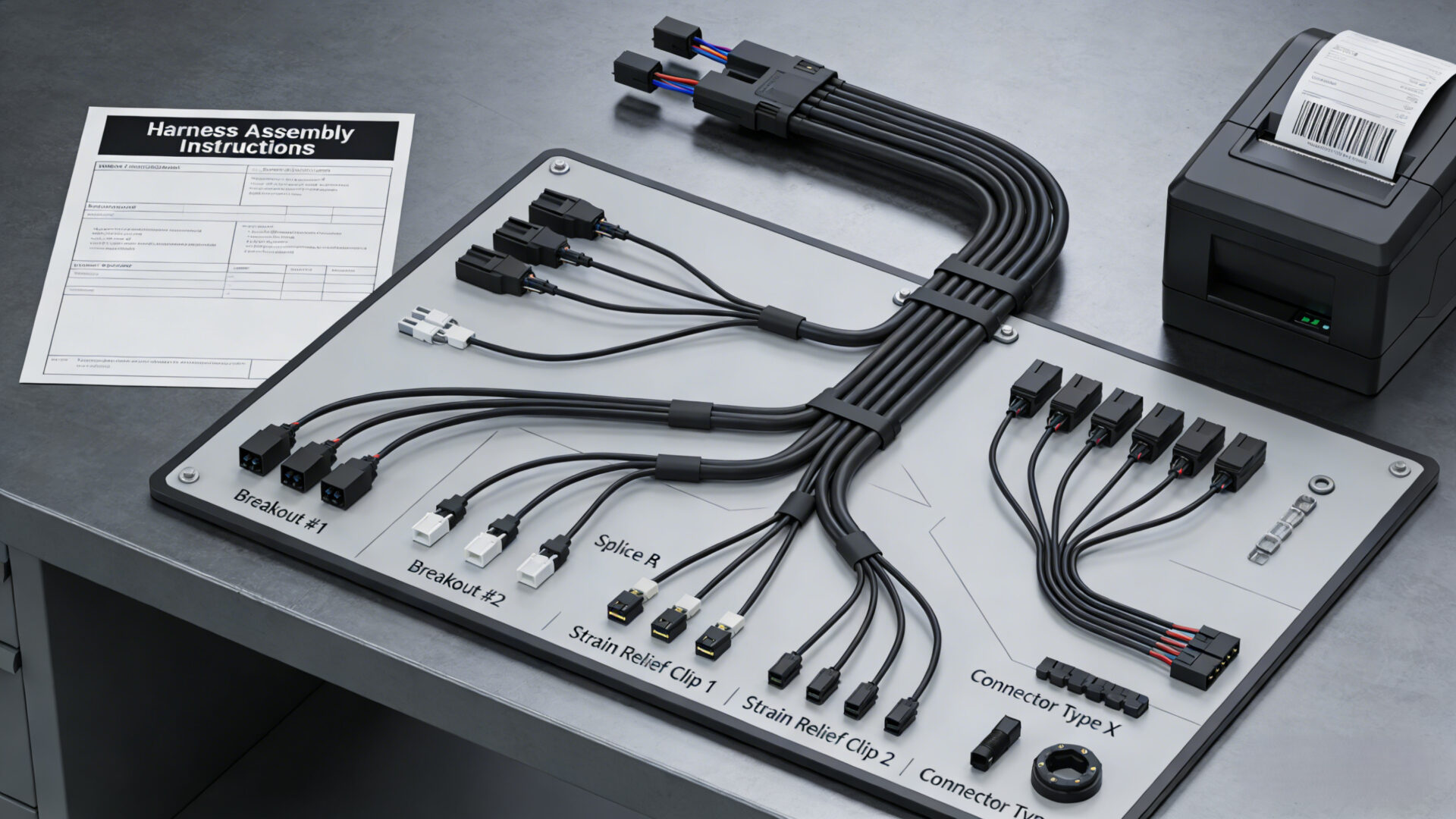 Wire harness assembly board with labeled breakouts, splices, strain relief, and standardized cable connectors for repeatable production.
Kabelbaum auf Fertigungsbrett mit beschrifteten Abzweigen, Spleißen, Zugentlastung und standardisierten Steckverbindern.