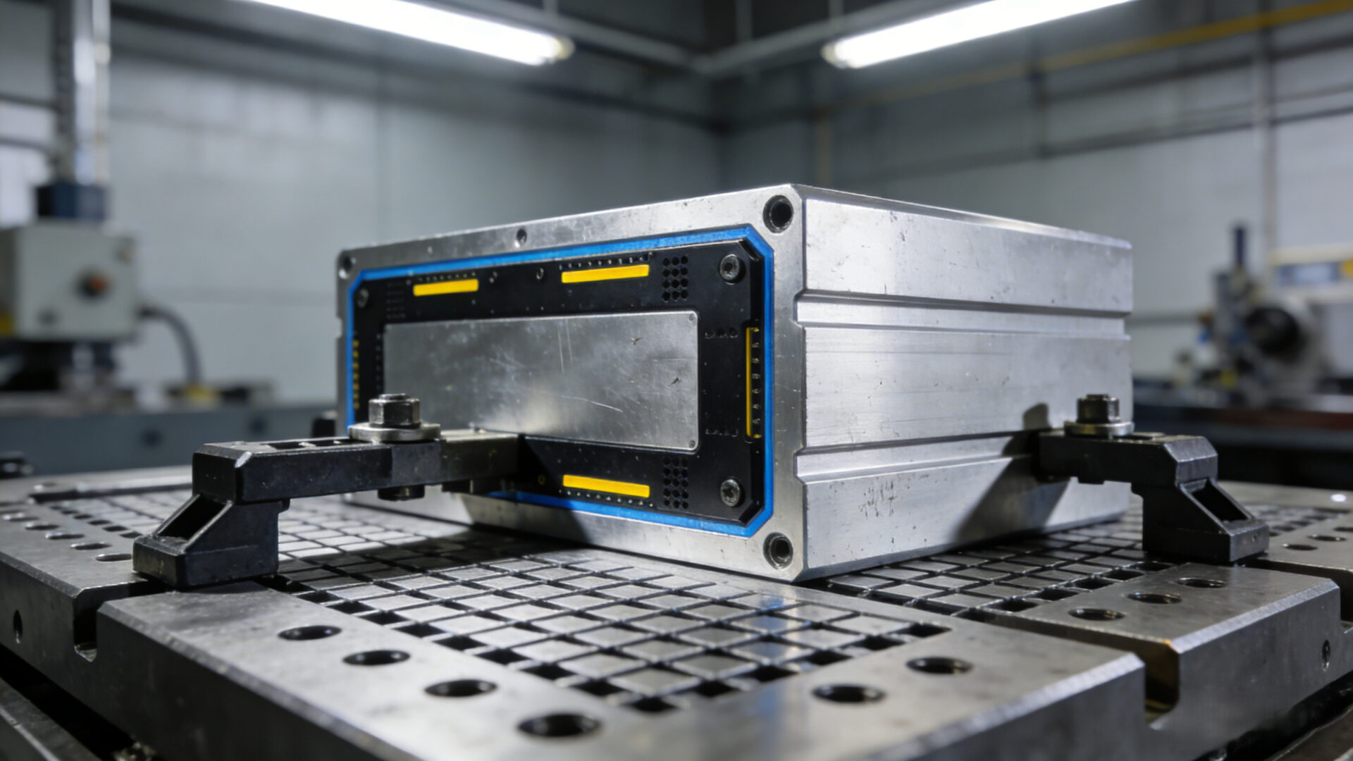 Modular CNC milling fixture setup with a prismatic electronics housing, showing datum clamping and protected functional surfaces.
Modulares Spannsystem für CNC-Fräsen mit Aluminiumgehäuse, das Bezugsflächen sichert und Funktionszonen schützt.