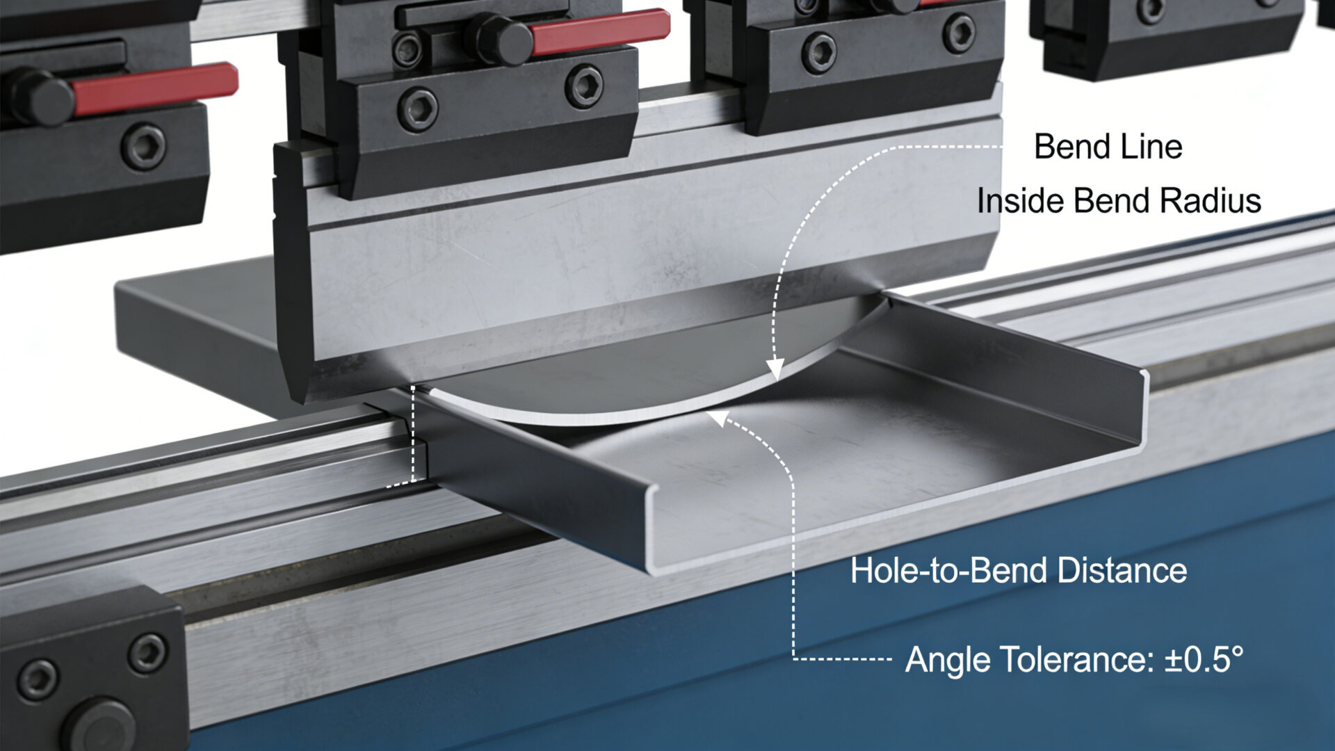 Press brake forming a sheet metal enclosure with highlighted bend lines, bend radius, and hole-to-bend spacing considerations.
CNC-Abkanten eines Elektronikgehäuses mit Fokus auf Biegelinie, Biegeradius und Loch-zu-Biegung-Abstand.