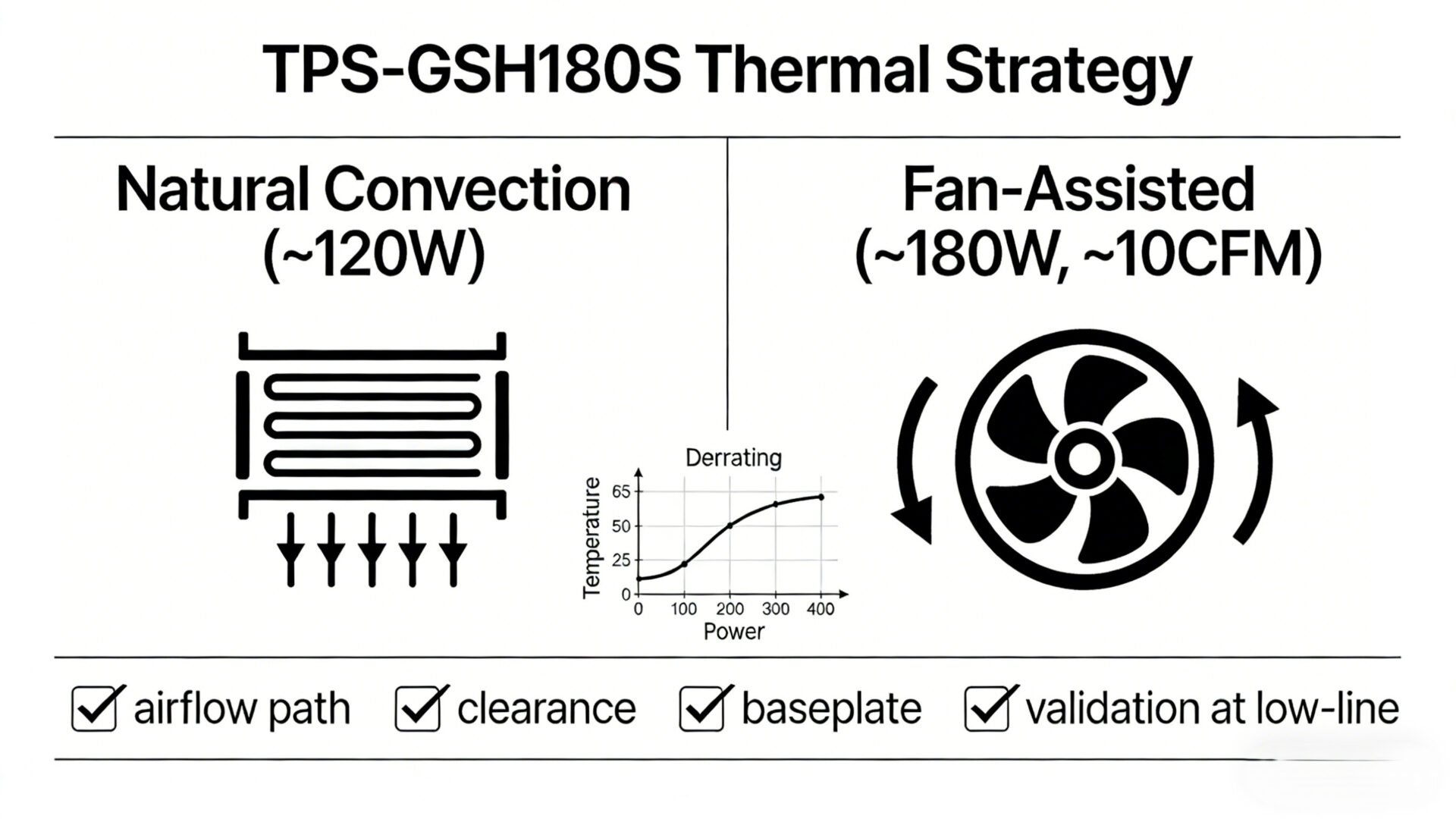 Thermal derating guide infographic comparing natural convection and fan-assisted cooling for a 180W open-frame power supply, including enclosure airflow checklist.
Infografik zur thermischen Auslegung: Selbstkühlung (~120W) vs. Lüfterbetrieb (~180W, ~10CFM) inkl. Checkliste für Luftführung und Grundplatte.