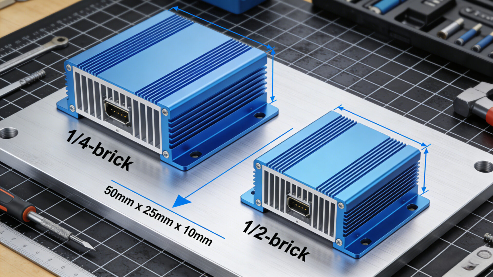 Technical visualization comparing quarter brick and half brick isolated DC DC modules with optional aluminum heat sinks and mounting dimensions