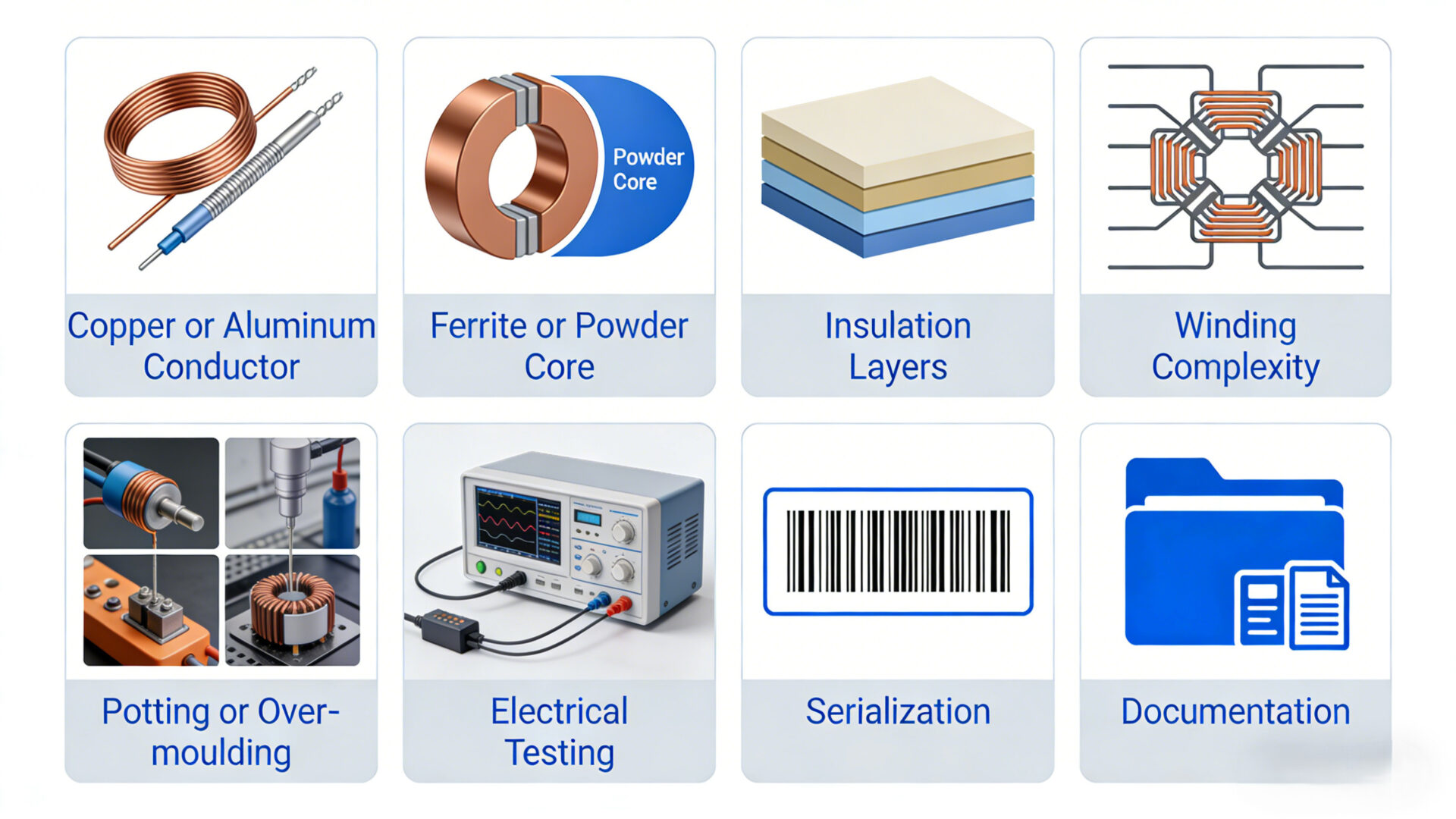 Cost and lead-time diagram for winding goods showing conductor material, core sourcing, insulation system, winding complexity, potting, testing, serialization, and documentation.
Kosten- und Lieferzeitdiagramm für Wickelgüter mit Leiterwerkstoff, Kernbeschaffung, Isolationssystem, Wickelkomplexität, Verguss, Prüfung, Serialisierung und Dokumentation.