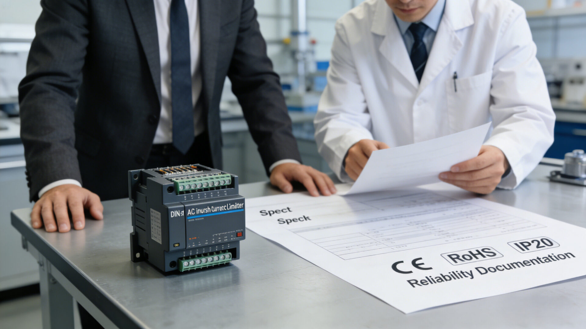 Quality and compliance visual for a DIN-rail AC inrush current limiter showing CE, RoHS, IP20, and documentation review in an industrial procurement setting.
Qualitäts- und Compliance-Szene für einen DIN-Schienen-AC-Einschaltstrombegrenzer mit CE, RoHS, IP20 und Dokumentationsprüfung.