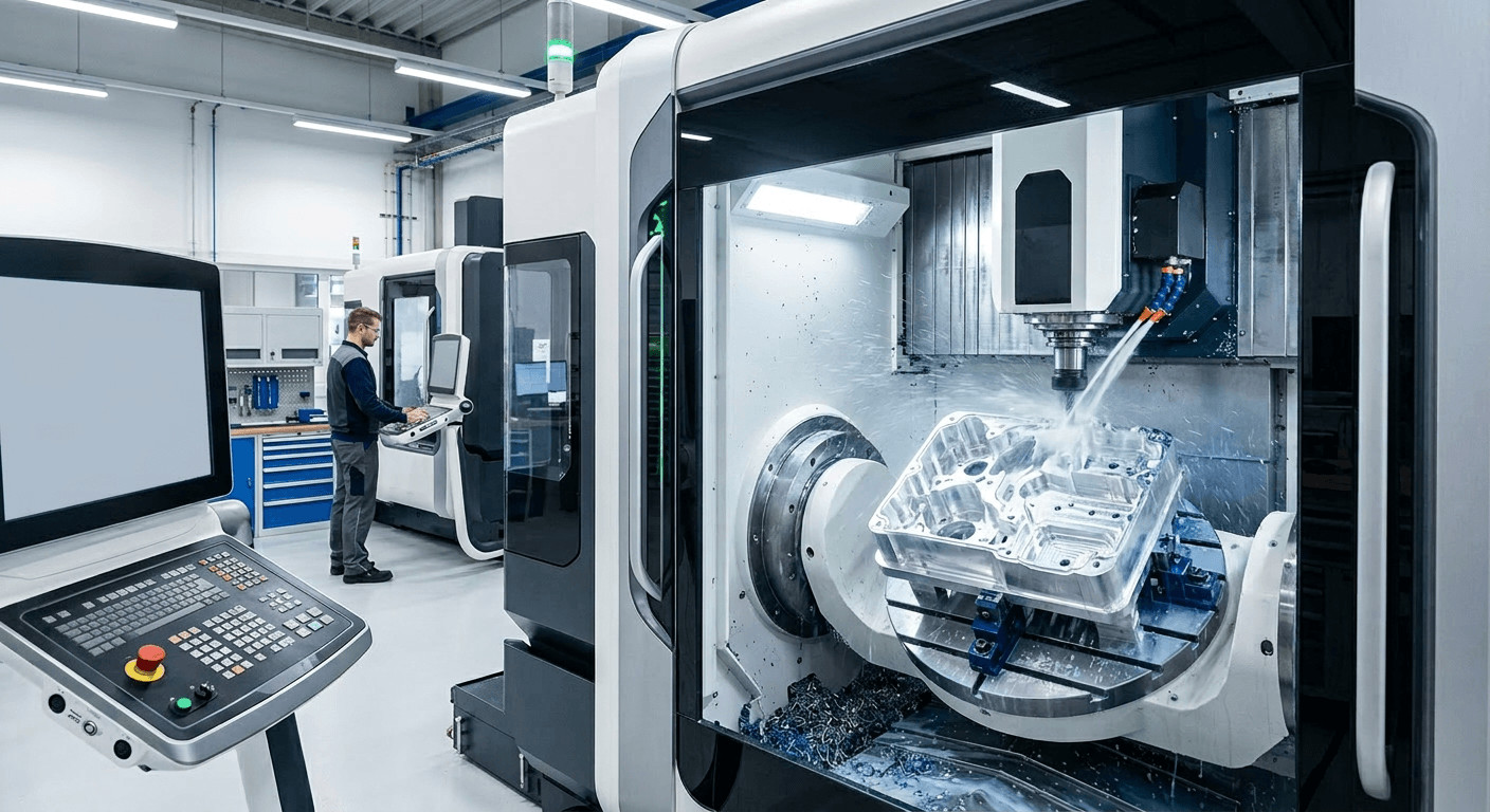 5-axis CNC milling machine machining complex aluminum medical device enclosure with precision tooling 5-Achsen-CNC-Fräsmaschine bearbeitet komplexes Aluminium-Gehäuse für Medizintechnik mit Präzisionswerkzeug