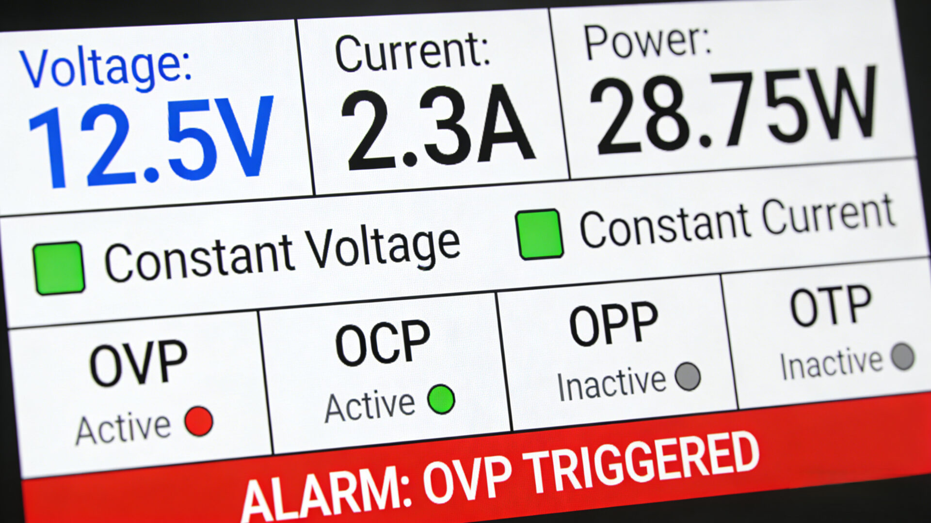 UI mockup infographic of a programmable DC power supply color display showing voltage/current/power, OVP/OCP/OPP status, and alarm indication.
UI-Infografik eines Farbdruck-Displays mit U/I/P-Anzeige und Schutzsymbolen OVP/OCP/OPP/OTP sowie Alarmbanner.