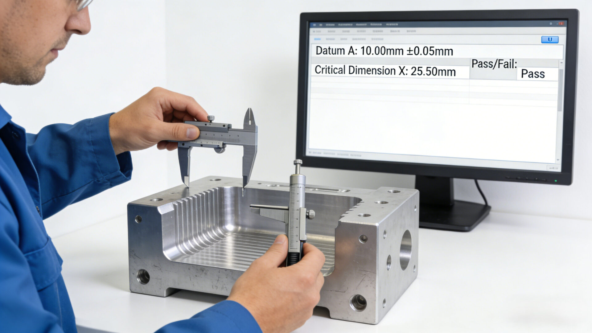 Inspector reviewing a CNC milled component with a digital inspection report showing critical dimensions, datums, and pass/fail results.
Prüfer bewertet CNC-gefrästes Teil mit digitalem Messbericht: Datums, kritische Maße, Pass/Fail.