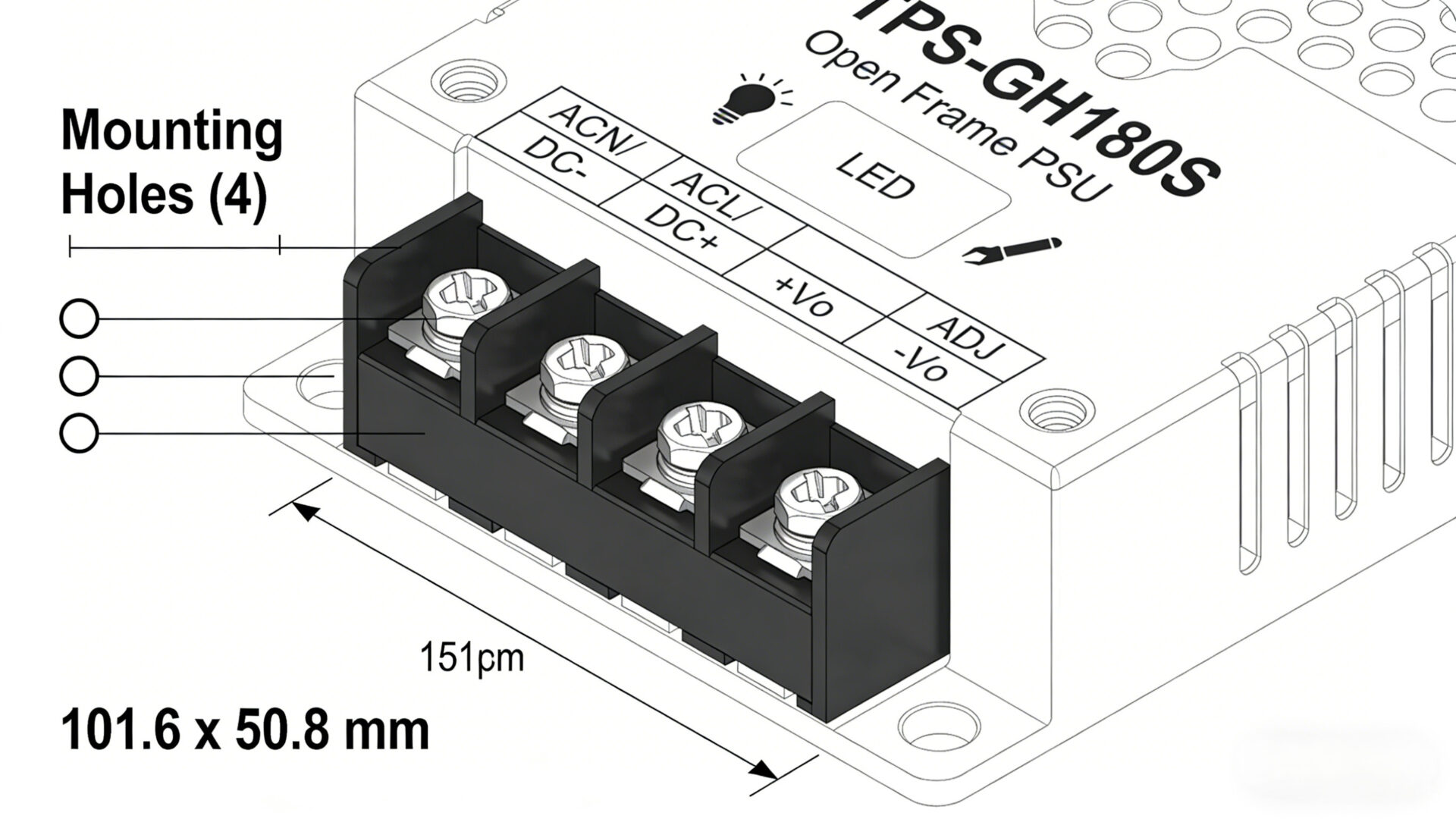 Mechanical mounting and wiring infographic for TPS-GSH180S open-frame power supply showing footprint, screw points, connector pin labeling, LED and adjustment location.
Technische Infografik: Montagepunkte, Footprint, Pinbelegung, LED und ADJ-Position für ein Open-Frame Netzteil der TPS-GSH180S Serie.
