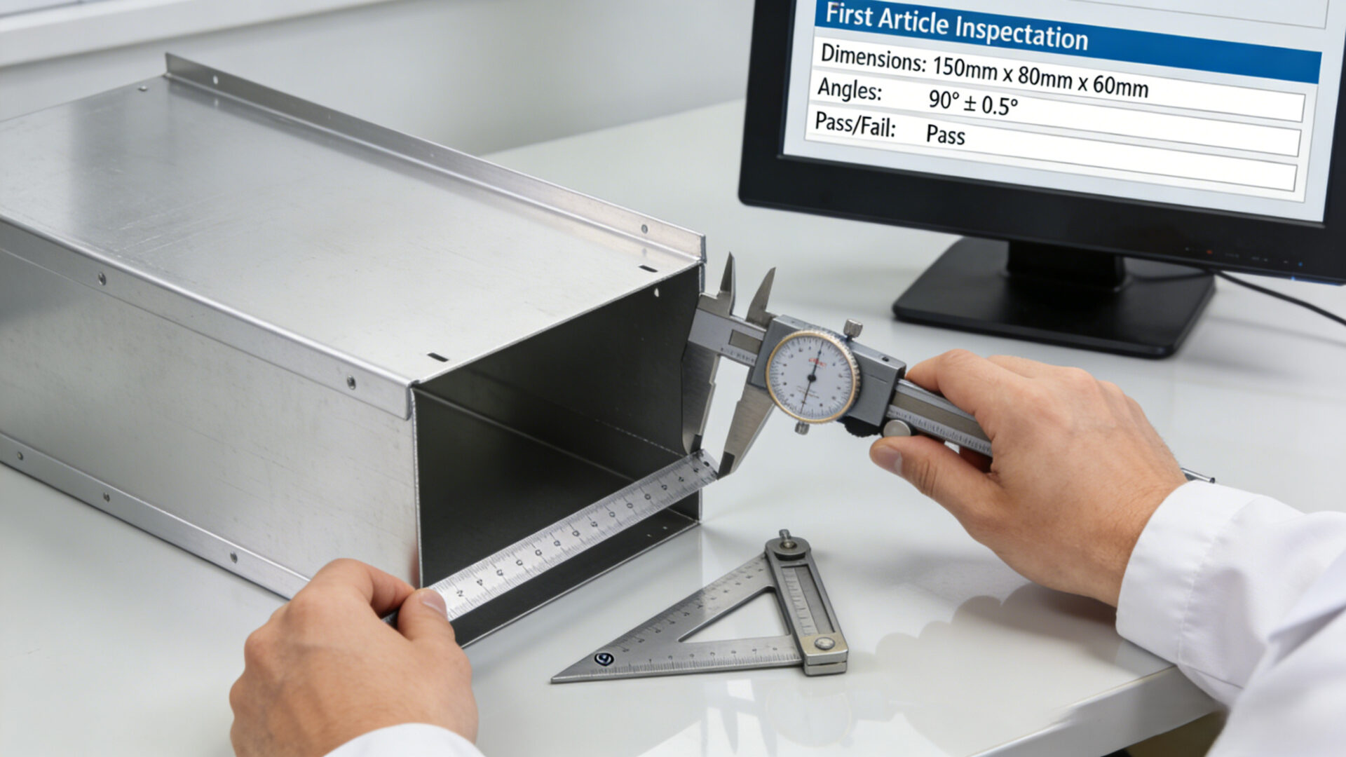 Quality inspection of sheet metal enclosure with measurement tools and a digital first article inspection report on screen.
Qualitätsprüfung eines Elektronikgehäuses mit Messmitteln und digitalem Erstmusterprüfbericht auf dem Bildschirm.
