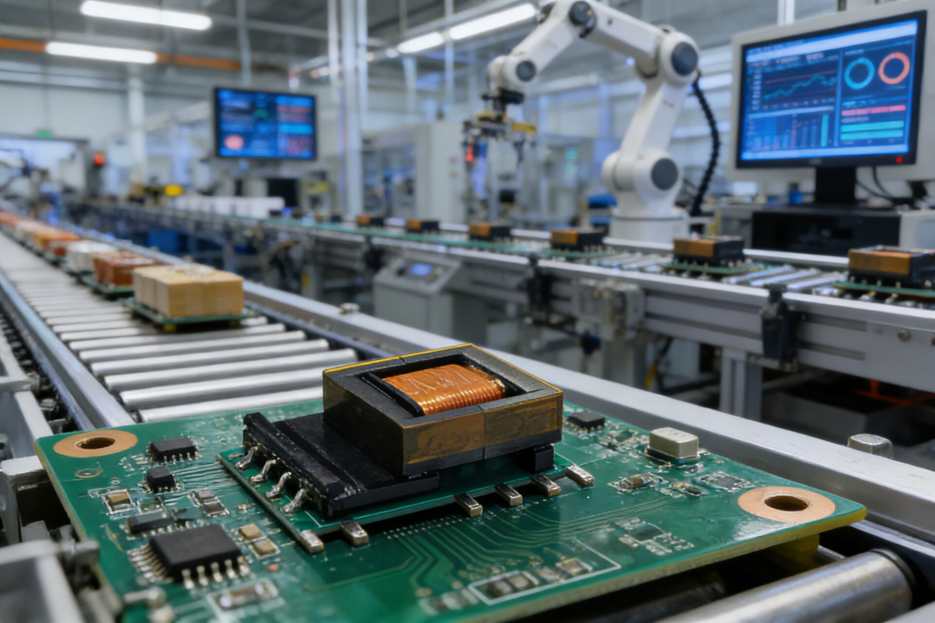 In einer modernen Fabrikhalle transportieren Förderbandsysteme verschiedene Produkte. Eine Nahaufnahme im Vordergrund zeigt eine Leiterplatte (PCB) mit einem darauf montierten ACDC Print-Modul der TPS-AWS-Serie. Die Umgebung umfasst Roboterarme und digitale Armaturenbretter, was ein Szenario einer intelligenten Fabrik im Sinne von Industrie 4.0 veranschaulicht.