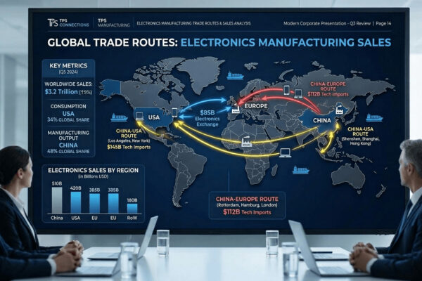 Global market entry strategy map showing Europe, United States, and China with production and distribution flow