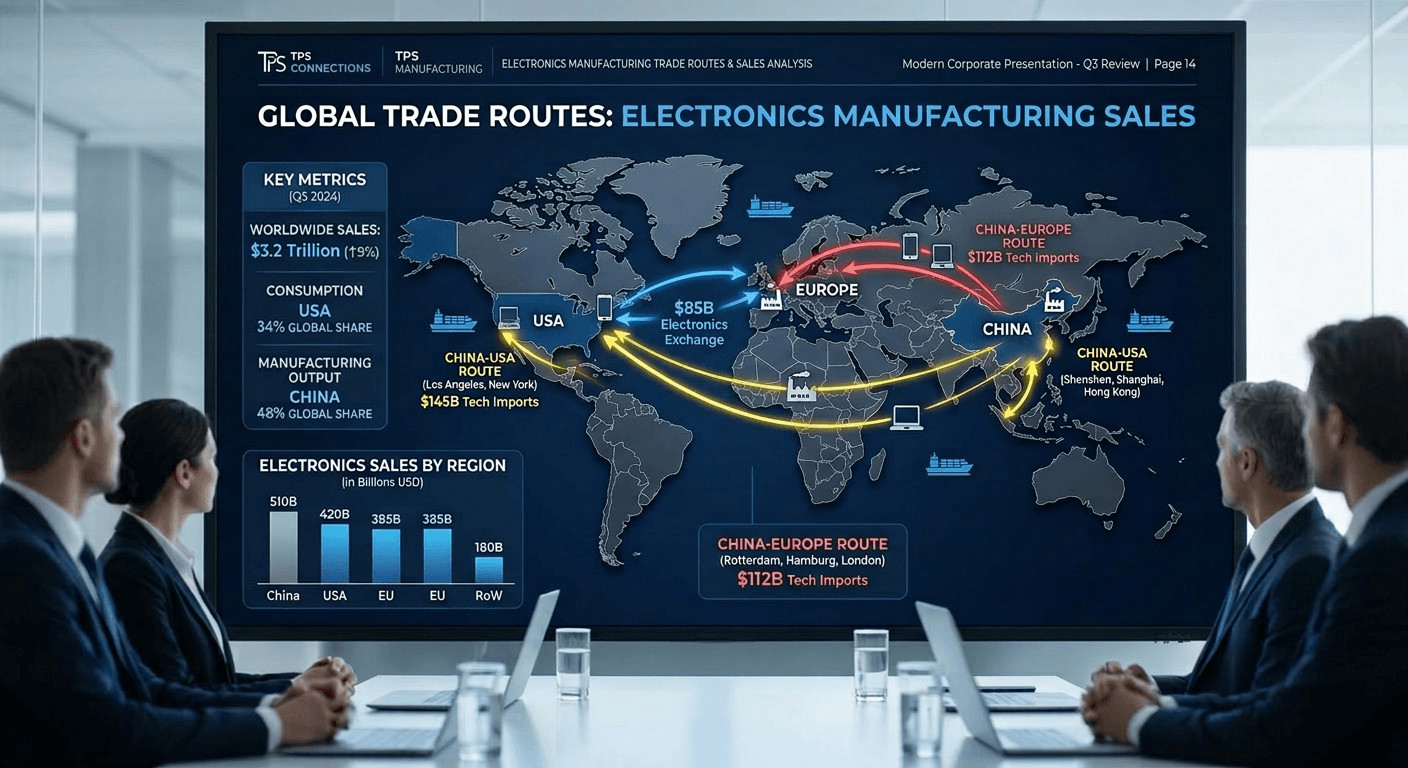 Global market entry strategy map showing Europe, United States, and China with production and distribution flow

