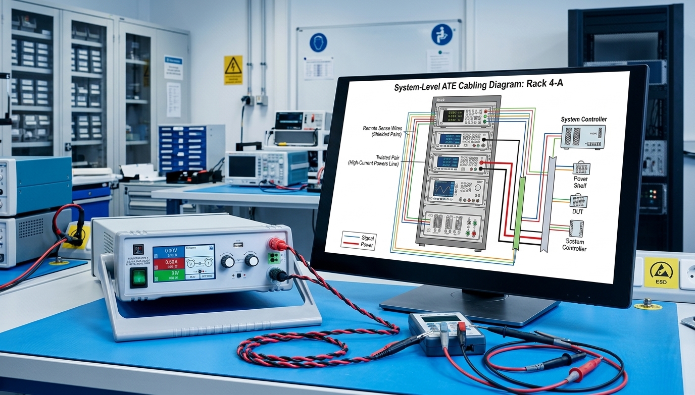 ATE rack cabling diagram showing power supply connections with remote sense, twisted pair output cables, and separate signal and power routing ATE-Rack-Verkabelungsdiagramm mit Stromversorgungsanschlüssen, Fernfühlung und getrennter Signal- und Leistungsführung