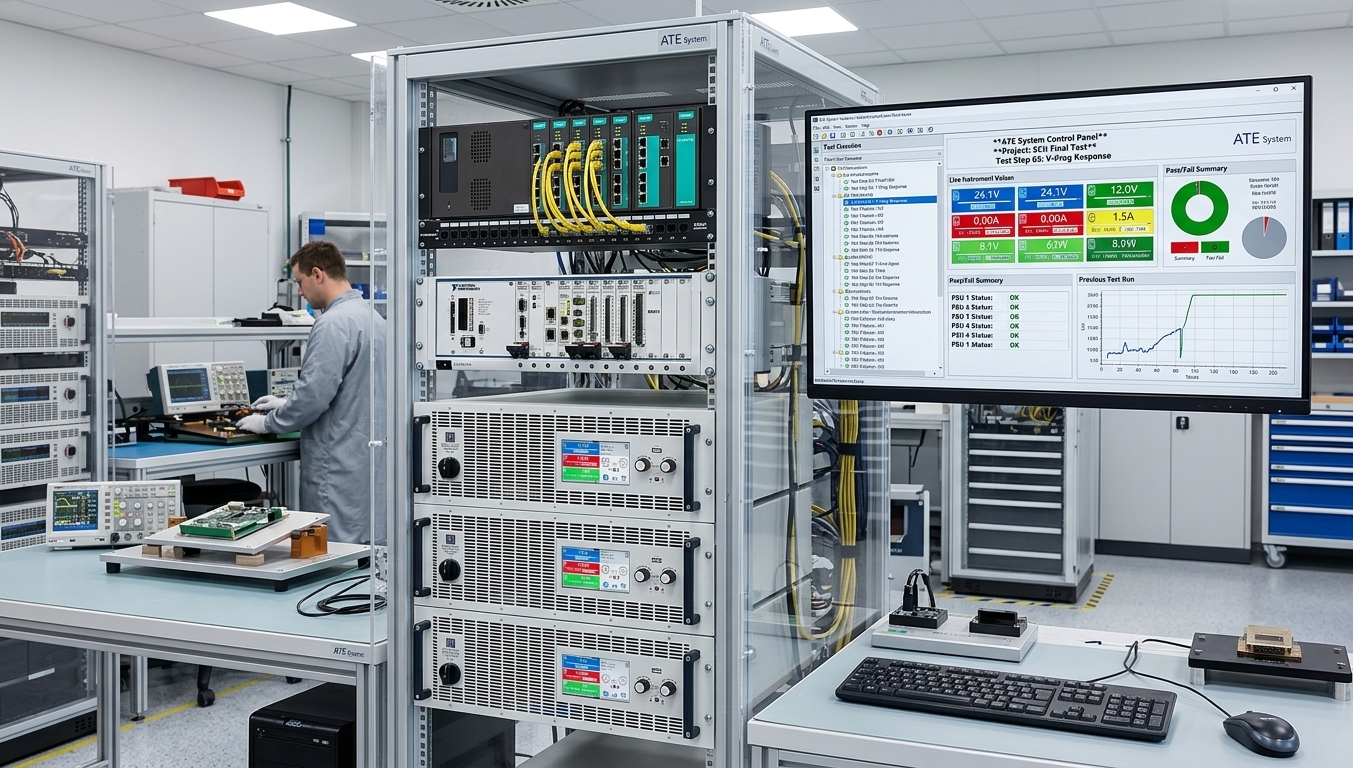 ATE rack with multiple programmable DC power supplies, Ethernet switch, and test controller showing automation software interface ATE-Rack mit mehreren programmierbaren DC-Stromversorgungen, Ethernet-Switch und Testcontroller mit Automatisierungssoftware