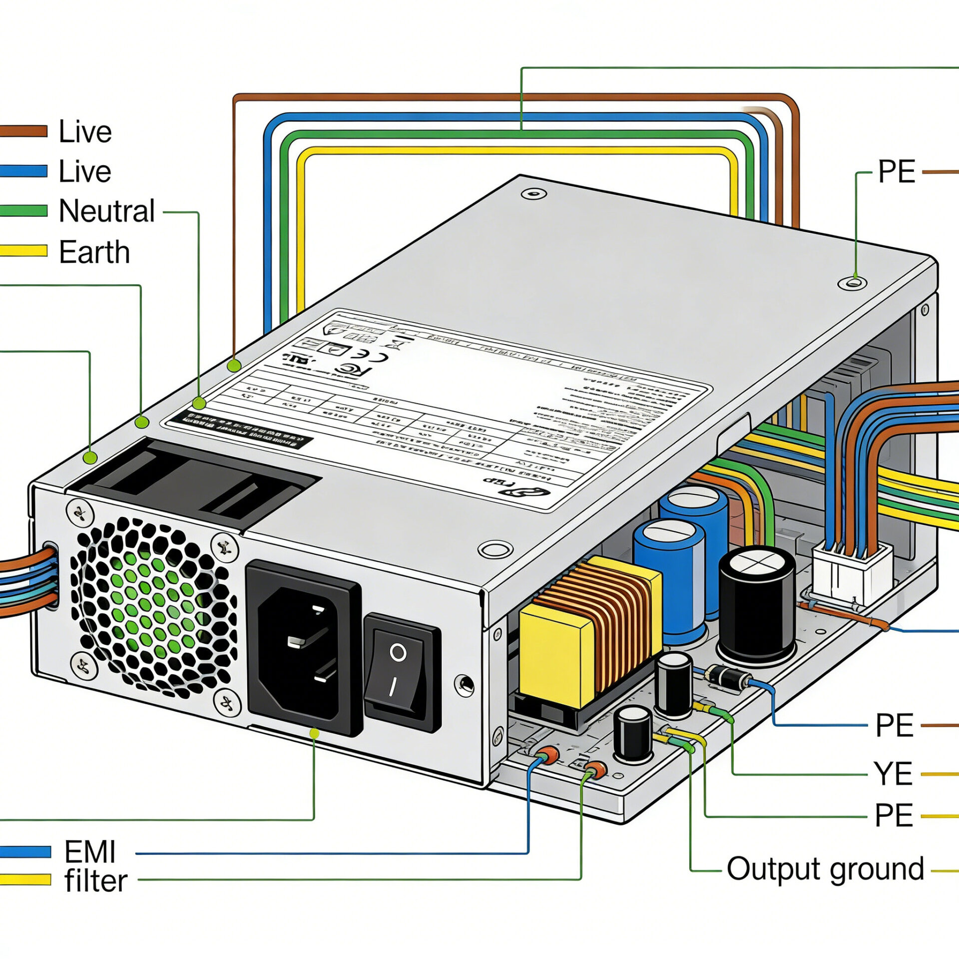 Technische Darstellung des Schutzes durch Schutzklasse I mit Schutzleiterverbindung zu Gehäuse und Ausgangsmasse.