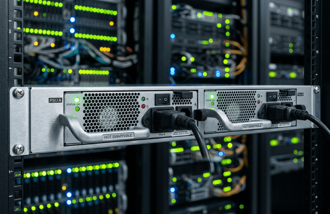 1+1 redundant ATX power supply module for 24/7 high availability industrial servers.
