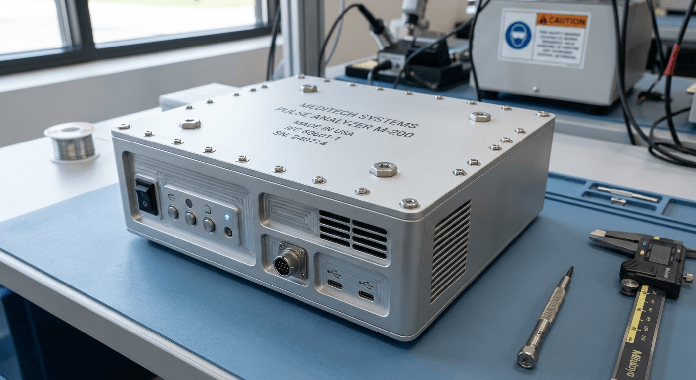 Assembled medical device enclosure with machined aluminum housing, anodized finish, and precision hardware installed Montiertes Medizintechnik-Gehäuse mit gefrästem Aluminiumgehäuse, eloxierter Oberfläche und montierter Präzisionshardware