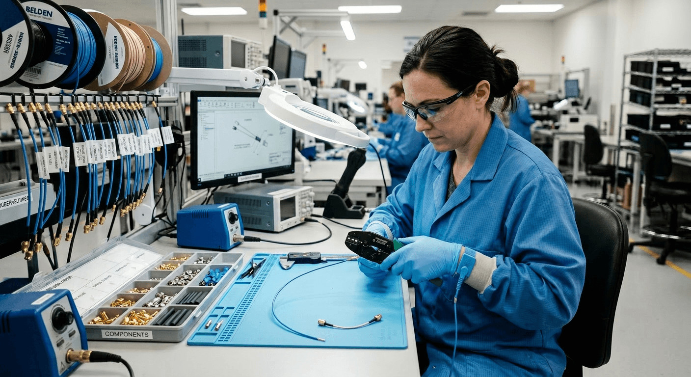 Technician assembling BNC and SMA coaxial cables with precision crimping tools in clean manufacturing environment

