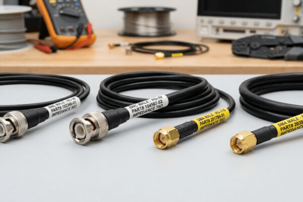 BNC and SMA coaxial cable assemblies with precision terminations, labeled for impedance and application