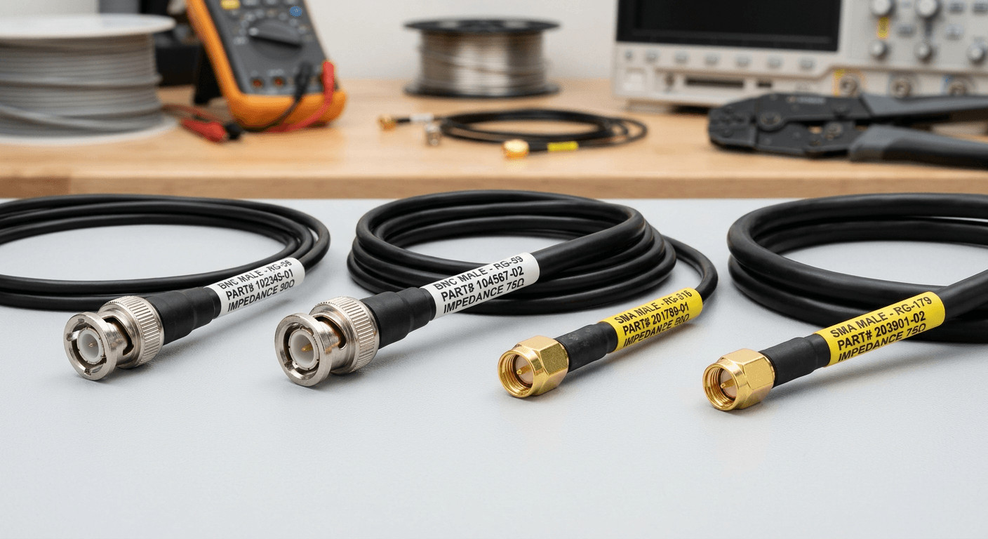 BNC and SMA coaxial cable assemblies with precision terminations, labeled for impedance and application

