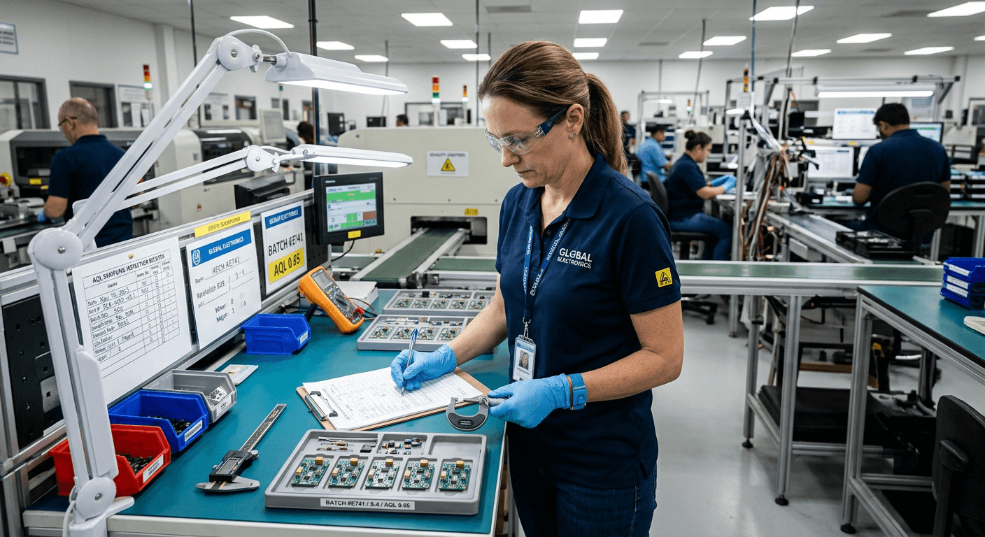 Quality inspector performing AQL sampling on electronic components with measurement tools and checklist

