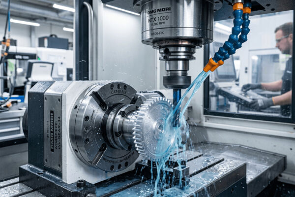 Close-up of CNC milling machine cutting gear teeth on aluminum component, cutting tool and coolant visible Nahaufnahme der CNC-Fräsmaschine beim Schneiden von Zahnrädern auf Aluminiumbauteil, Werkzeug und Kühlmittel sichtbar precision cnc machining