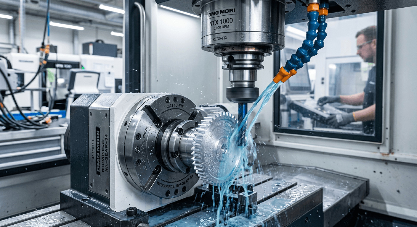 Close-up of CNC milling machine cutting gear teeth on aluminum component, cutting tool and coolant visible Nahaufnahme der CNC-Fräsmaschine beim Schneiden von Zahnrädern auf Aluminiumbauteil, Werkzeug und Kühlmittel sichtbar precision cnc machining