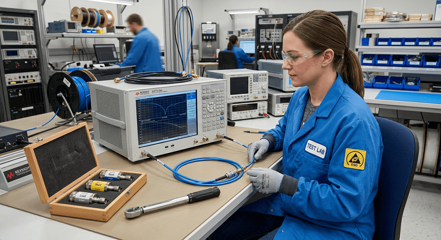 Network analyzer testing coaxial cable assembly for insertion loss and return loss with calibration standards

